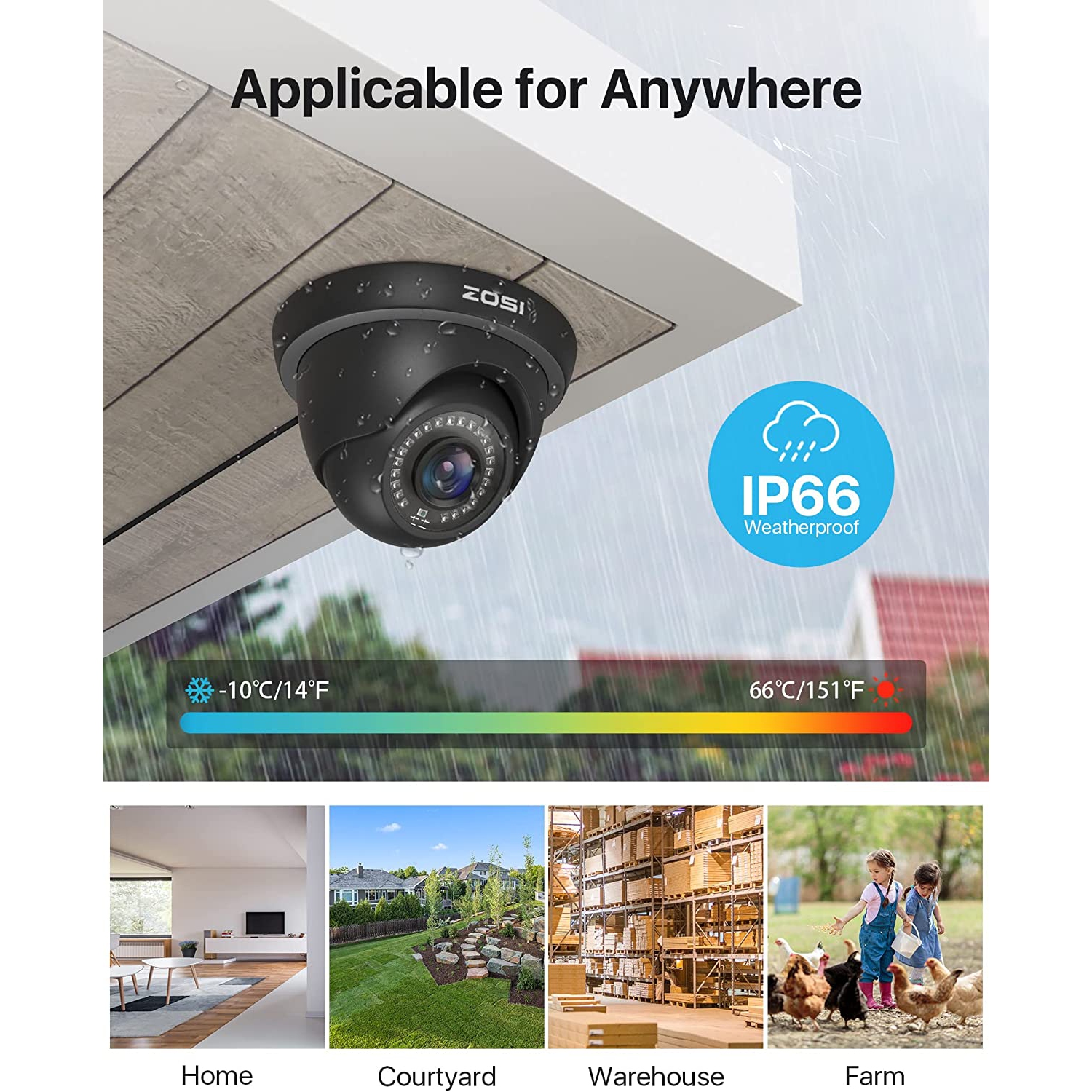 ZOSSI – caméra de surveillance HD-TVI/CVI/CVBS DVR supplémentaire avec fil 1080P 2&nbsp;Mpx hybride 4-en-1, IP66, vision nocturne 80&nbsp;pi, noir