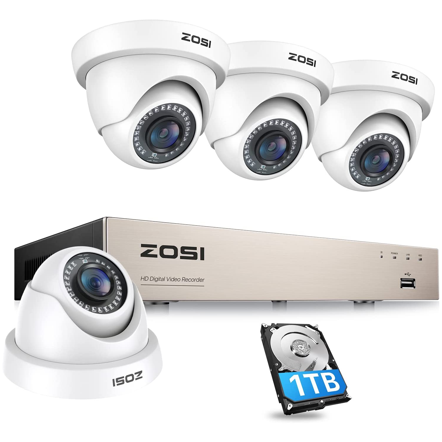 ZOSI H.265+ 8CH 5MP Lite DVR Home Security Camera System with 1TB HDD, 4pcs 2MP Dome Outdoor Surveillance Cameras, 80ft Night Vision, Motion Detection, Remote Access - White