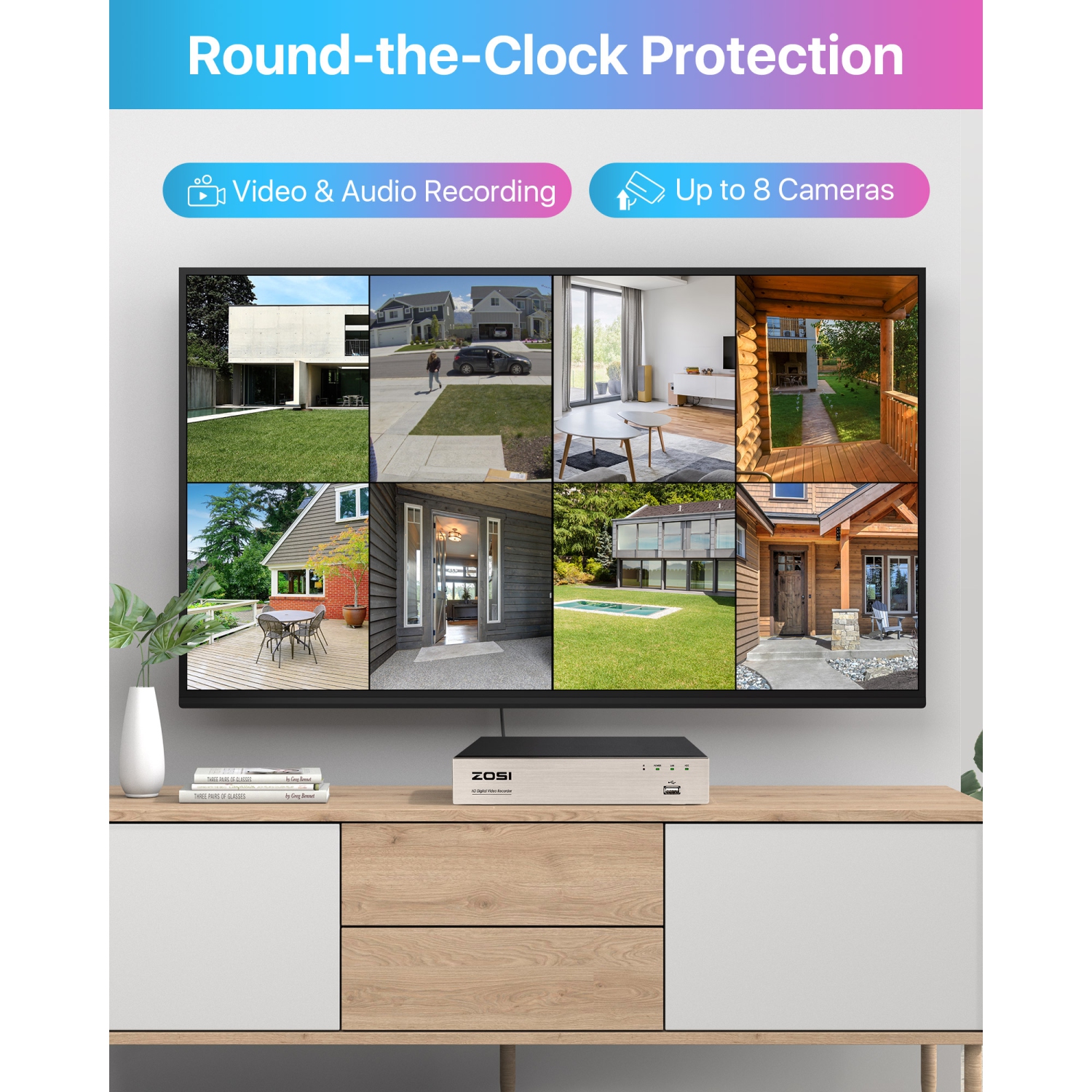 ZOSI H.265+ 8CH 5MP Lite DVR Home Security Camera System with 1TB HDD, 4pcs 2MP Dome Outdoor Surveillance Cameras, 80ft Night Vision, Motion