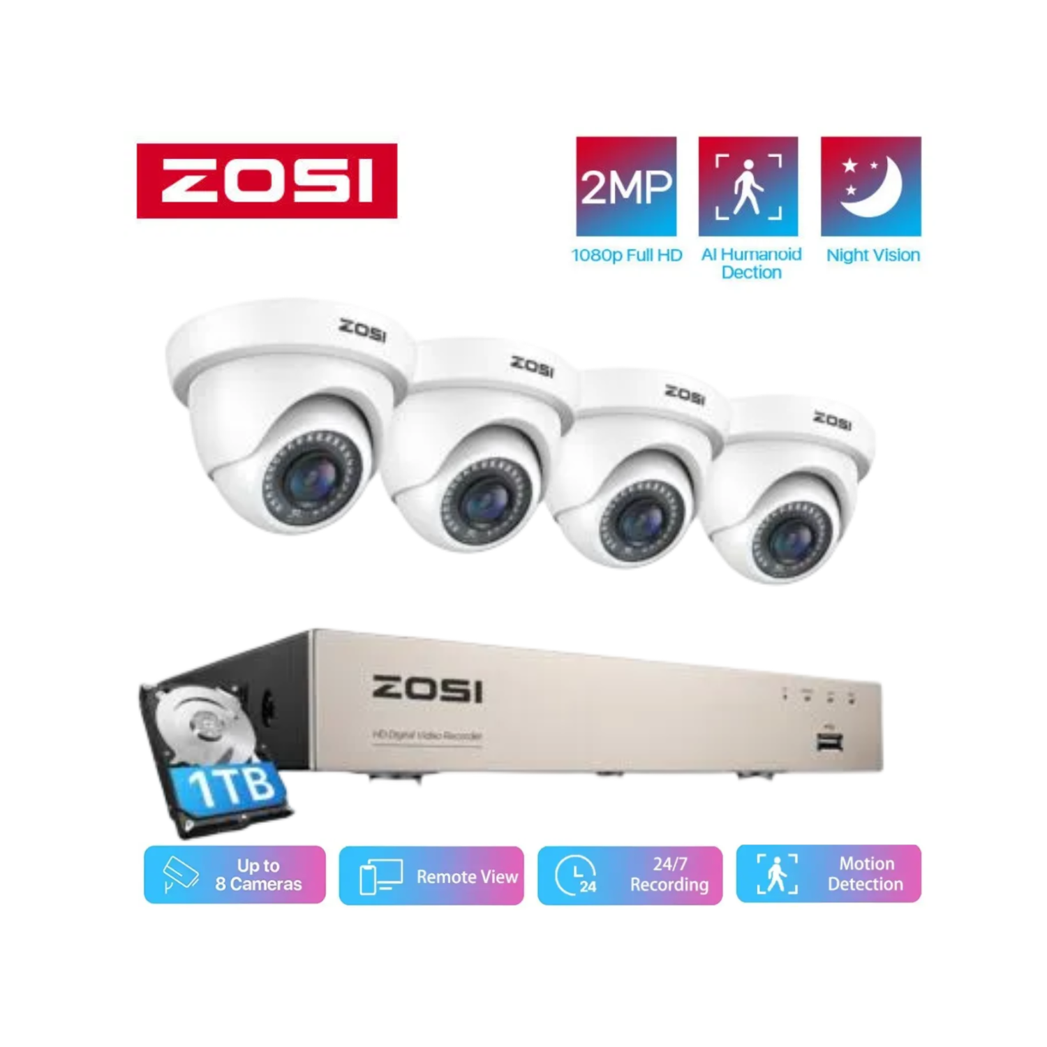 ZOSI H.265+ 8CH 5MP Lite DVR Home Security Camera System with 1TB HDD, 4pcs 1080P FHD Dome Wired Outdoor Surveillance Cameras, 80ft Night Vision,