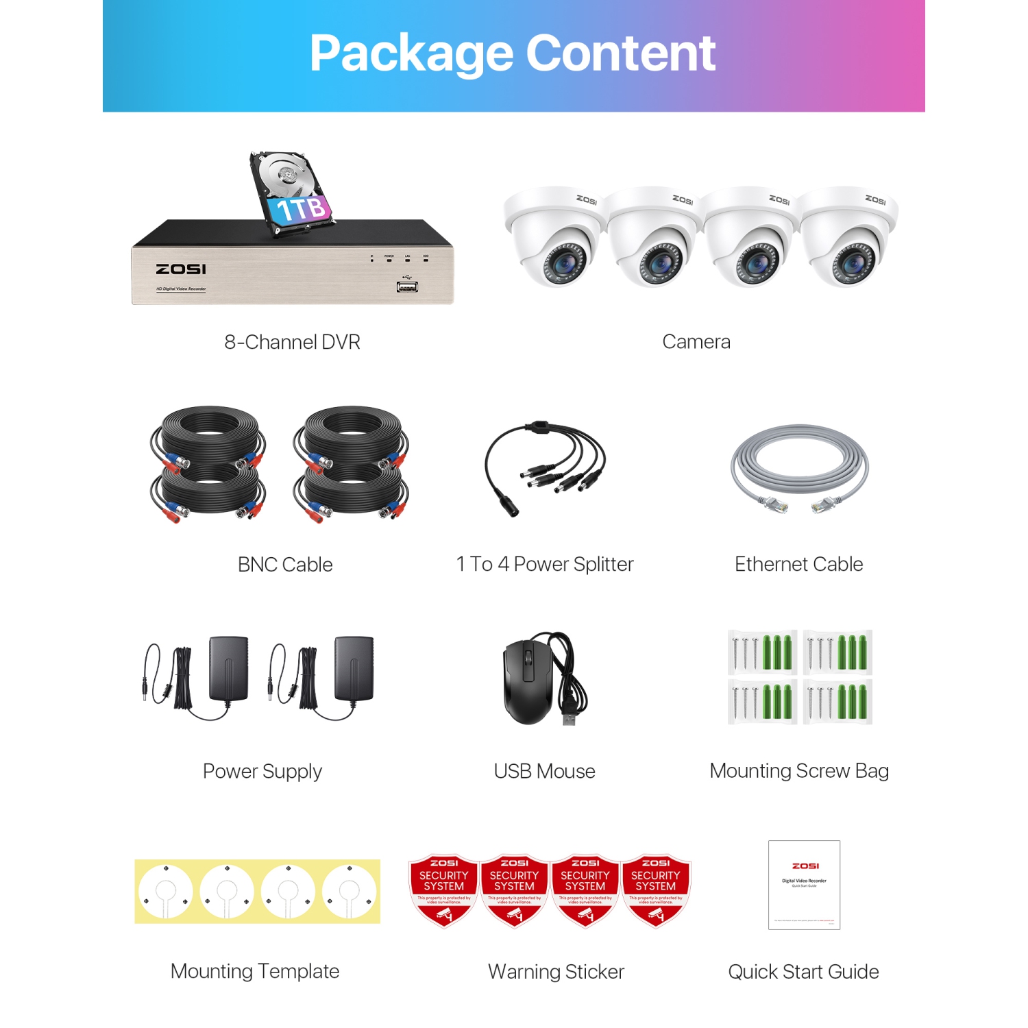 ZOSI H.265+ 8CH 5MP Lite DVR Home Security Camera System with 1TB HDD, 4pcs 1080P FHD Dome Wired Outdoor Surveillance Cameras, 80ft Night Vision,