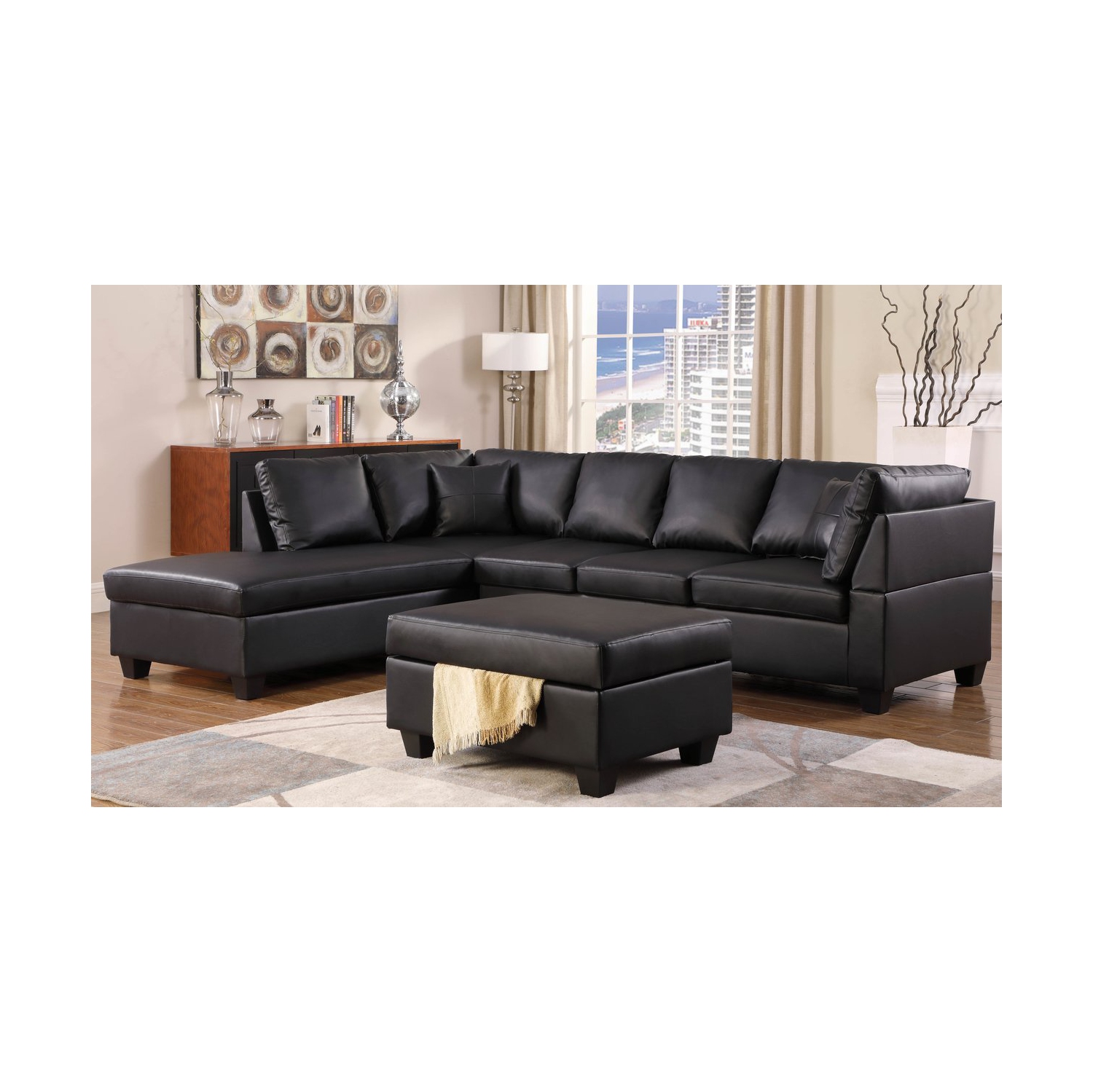 Black Faux Leather Sectional Sofa With Storage Ottoman Baci Living Room