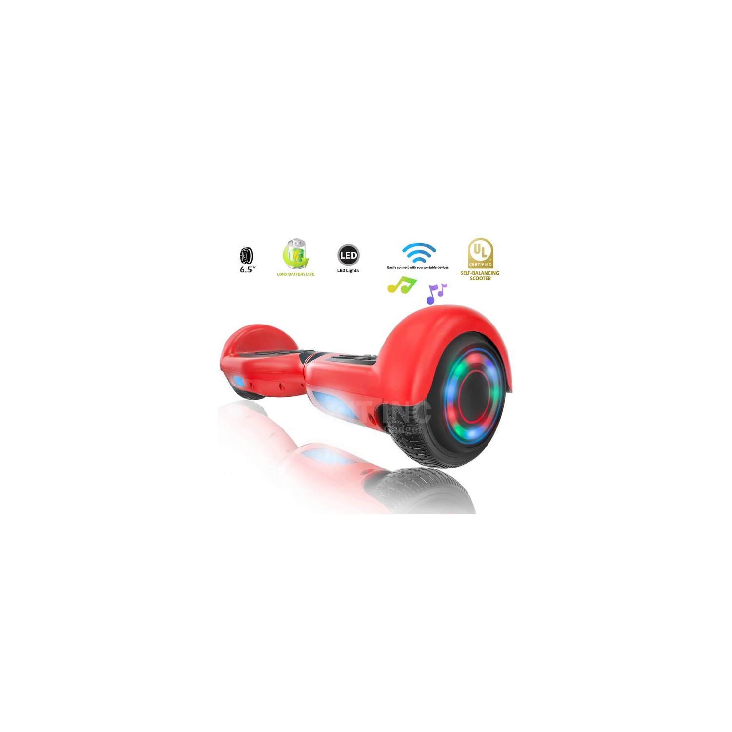 XPRIT 6.5'' Hoverboard for kids, up to 6.4KM Range, Bluetooth Speaker, UL2272-Certified, LED Wheels - Red