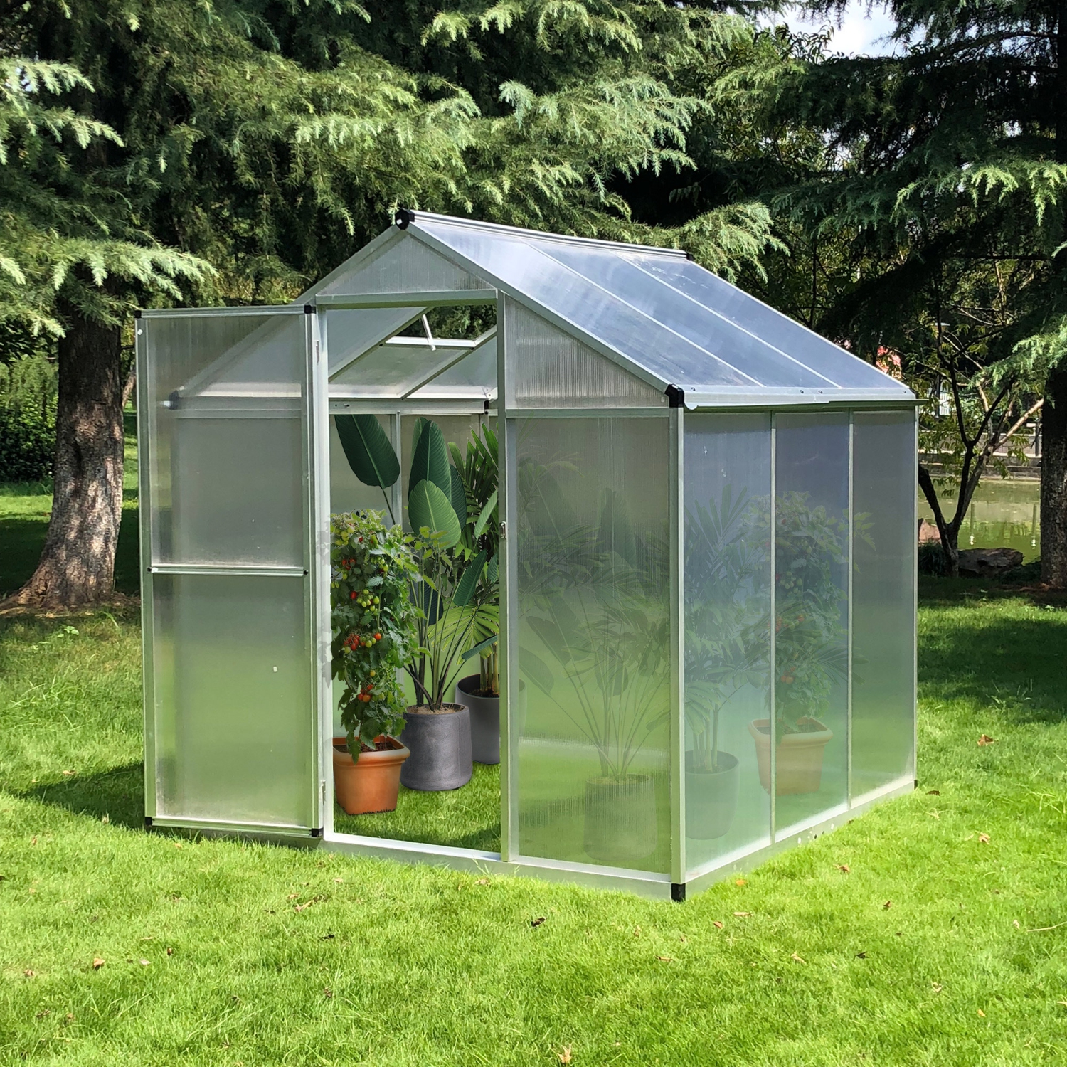 Outsunny 6' x 6' x 6.4' Walk-in Garden Greenhouse Polycarbonate Panels Plants Flower Growth Shed Cold Frame Outdoor Portable Warm House Aluminum
