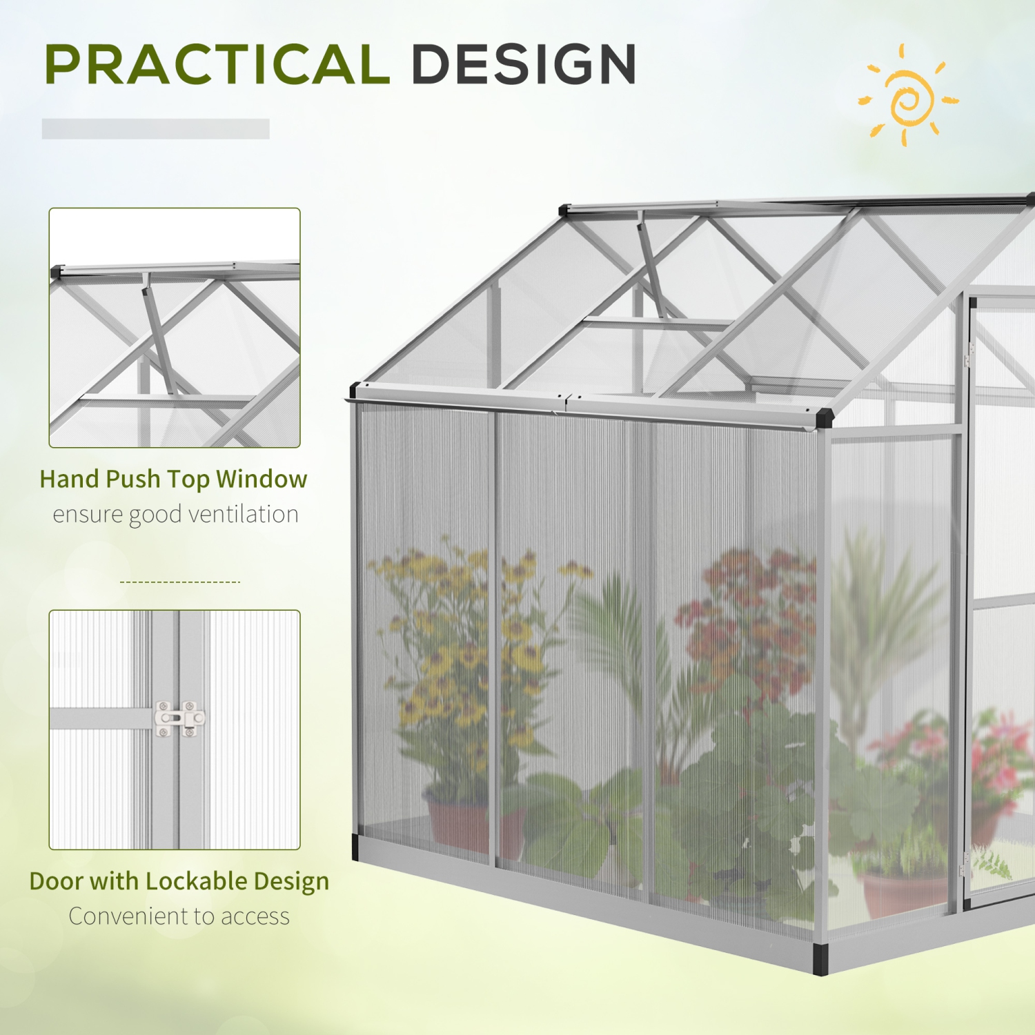 Outsunny 6' x 6' x 6.4' Walk-in Garden Greenhouse Polycarbonate Panels Plants Flower Growth Shed Cold Frame Outdoor Portable Warm House Aluminum