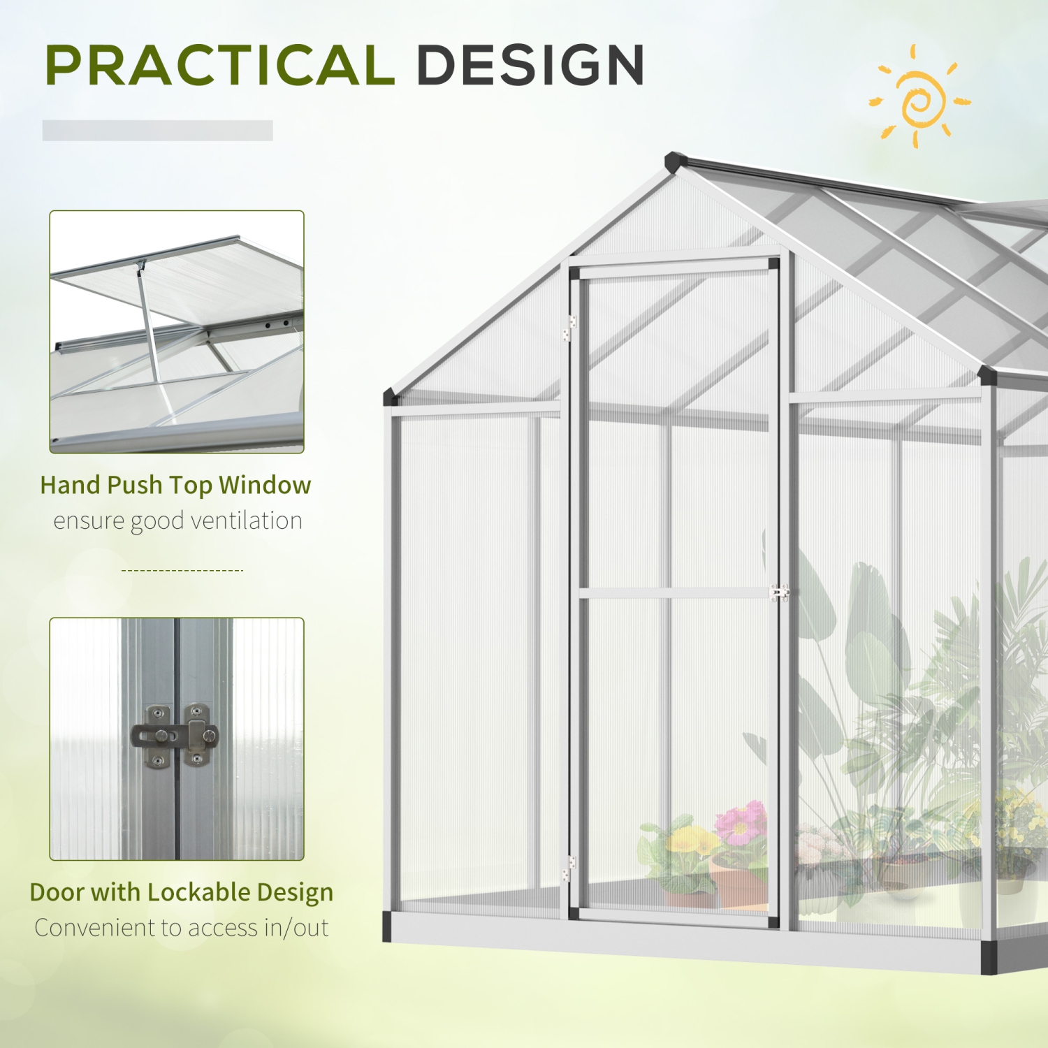 6x12 FT Polycarbonate Greenhouse With Raised Base And Anchor, Plant