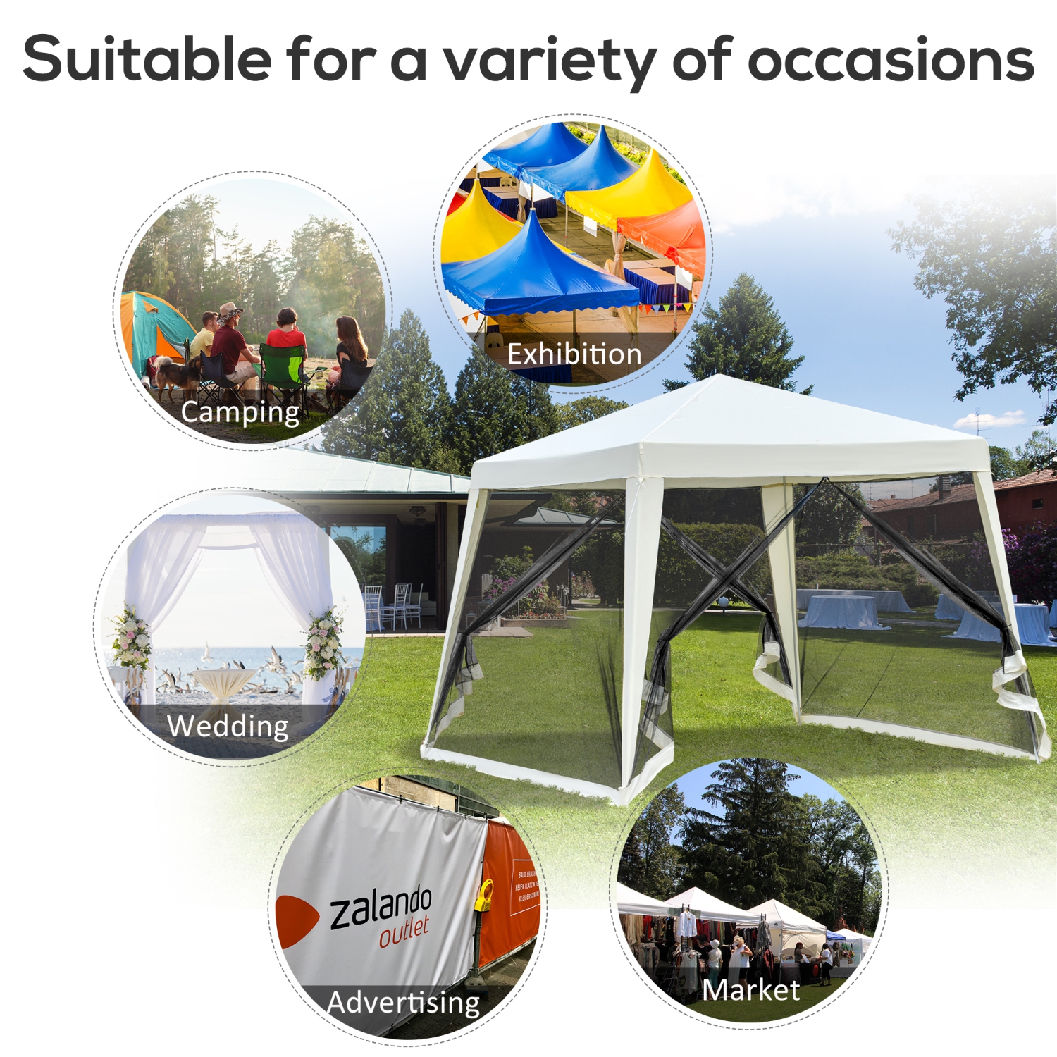 Abri de jardin Outsunny, abri pare-soleil extérieur à pieds obliques, 10 x 10 pi, moustiquaire, abri de jardin, beige