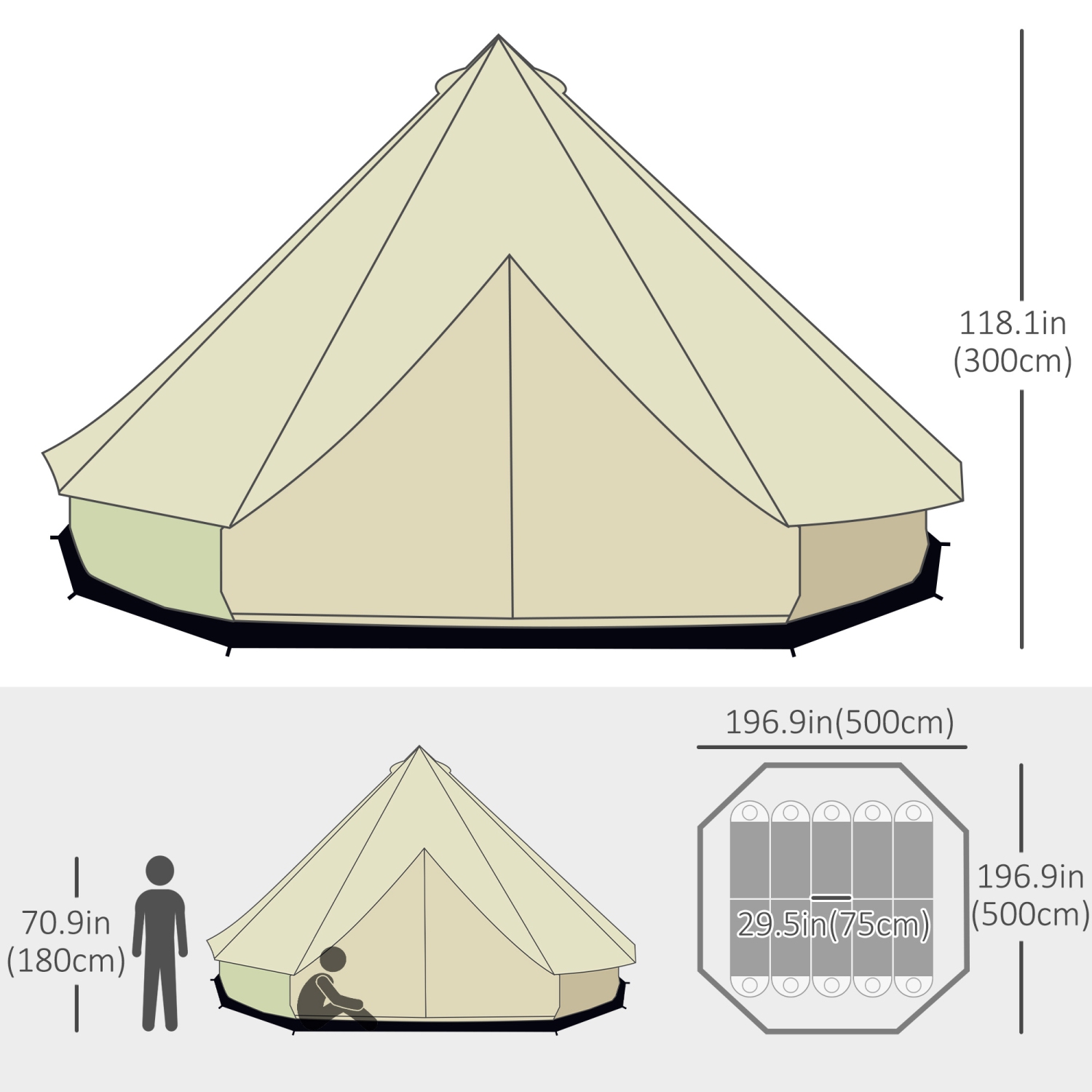 Tente de camping Outsunny 16,4', grand tipi familial, tente en toile, cloche, beige pour la chasse au camping