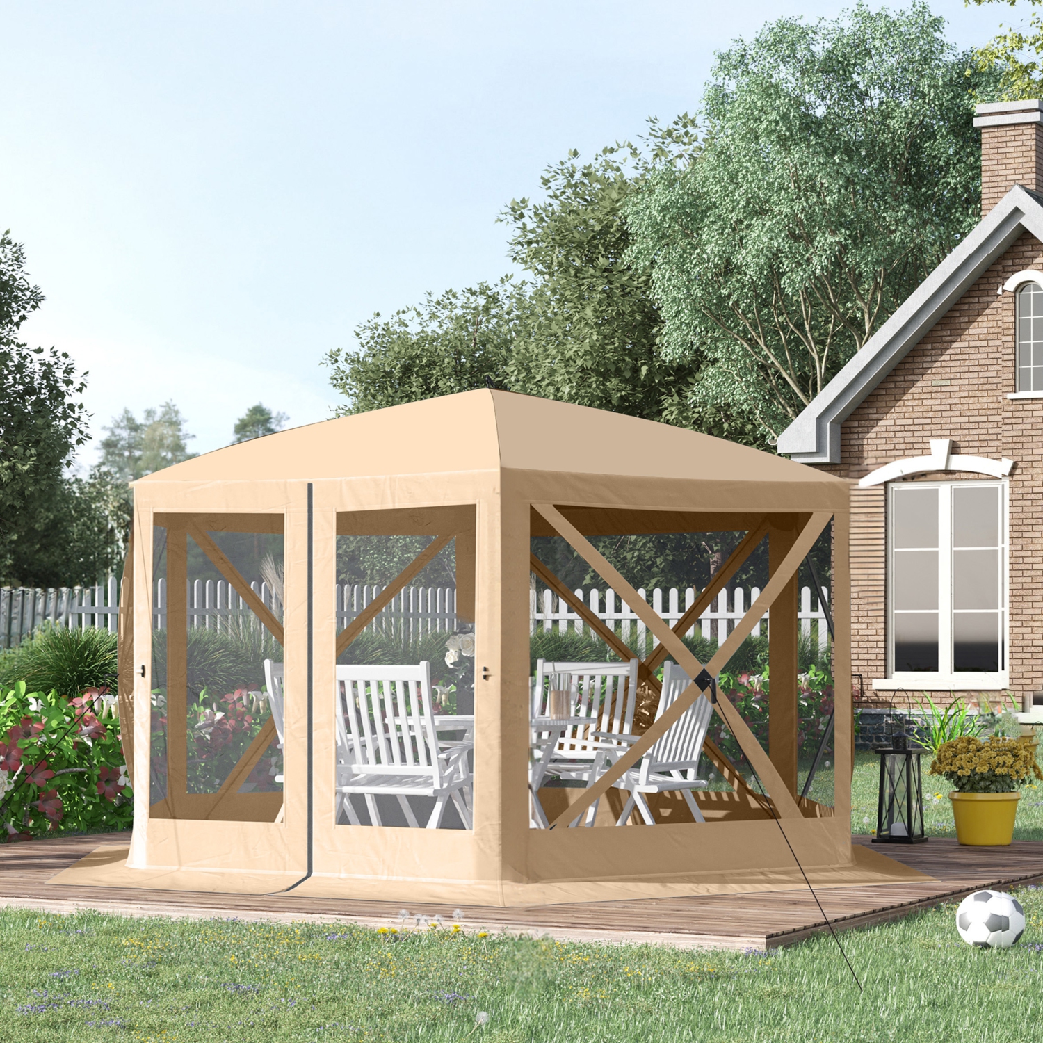 Outsunny 12' x 12' Hexagon Pop Up Screen Tent, Automatic Camping Shelter Picnic Canopy Outdoor Sun Shade with Mesh Sidewalls and Carry Bag Beige