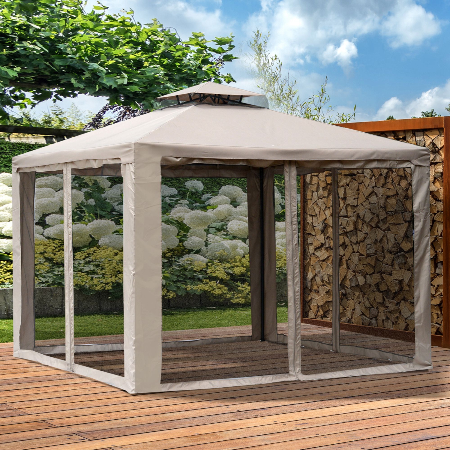 Outsunny 10' x 10' Patio Gazebo Outdoor Pavilion 2 Tire Roof Canopy Shelter Garden Event Party Tent Yard Sun Shade Steel Frame w/ Mosquito Netting,