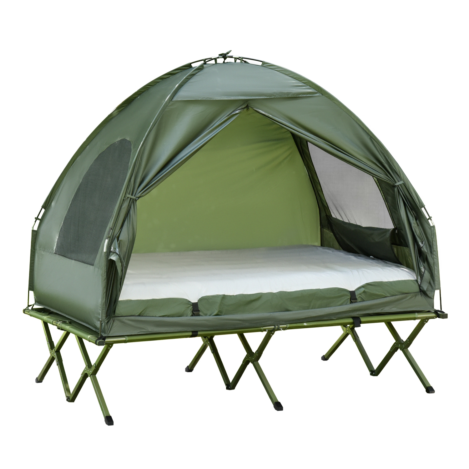 Matelas tout-en-un de camping pliable portatif et pliant avec sac de transport et abri de randonnée à pompe d'Outsunny tout-en-1. Vert foncé