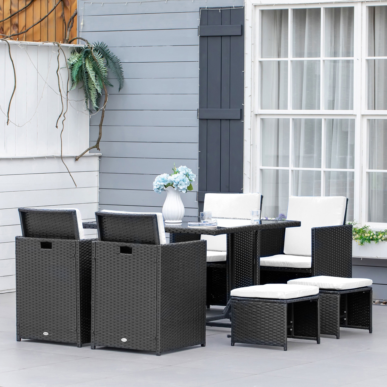 Outsunny 9 Pieces Wicker Patio Dining Set Outdoor Furniture Set with Removable Cushions, Glass Top Dining Table, Ottomans, PE Rattan Conversation Set