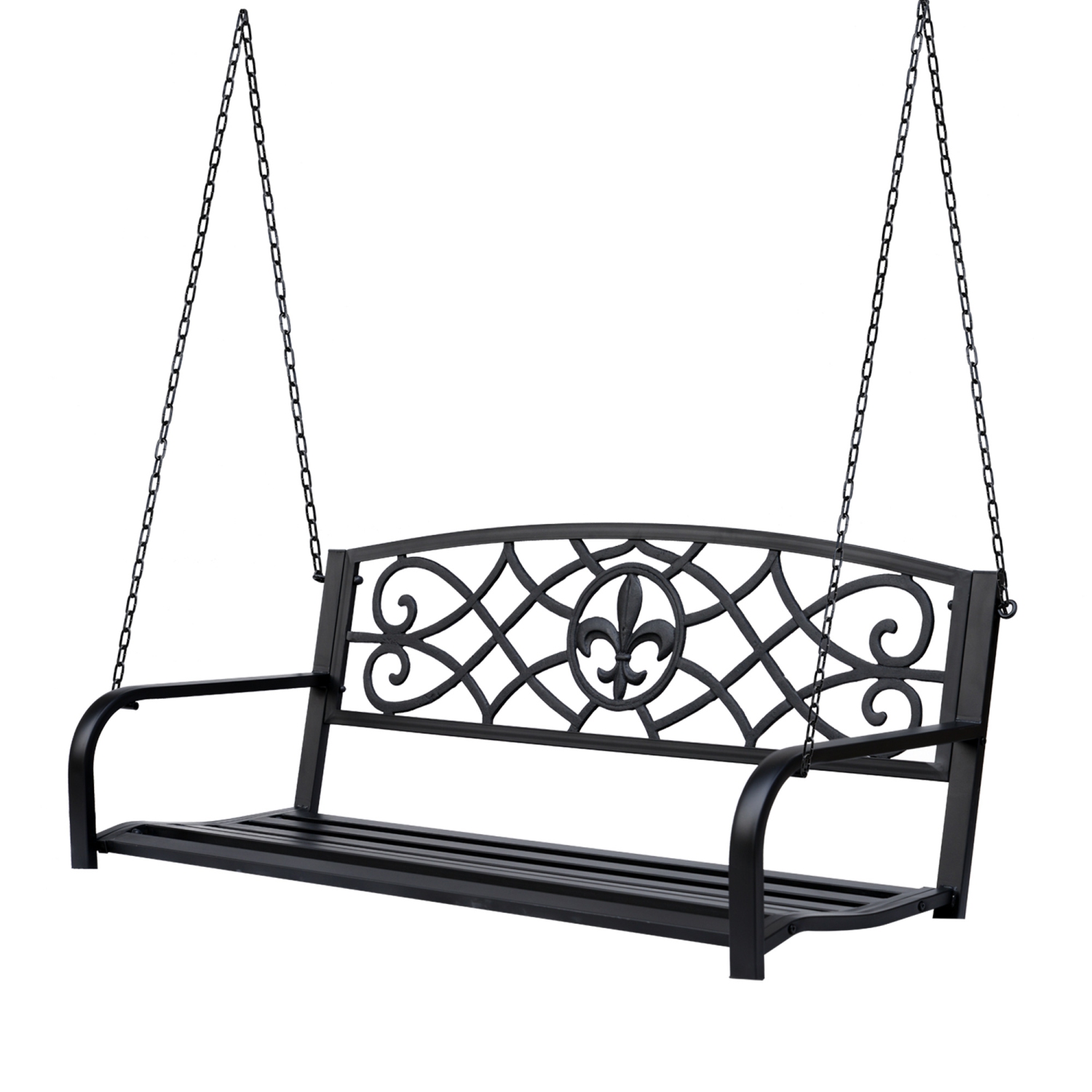 Outsunny Balançoire de porche en acier de 50 po Fleur de Lys Banc suspendue de jardin pour 2 personnes Siège de chaise planeur extérieur avec chaîne