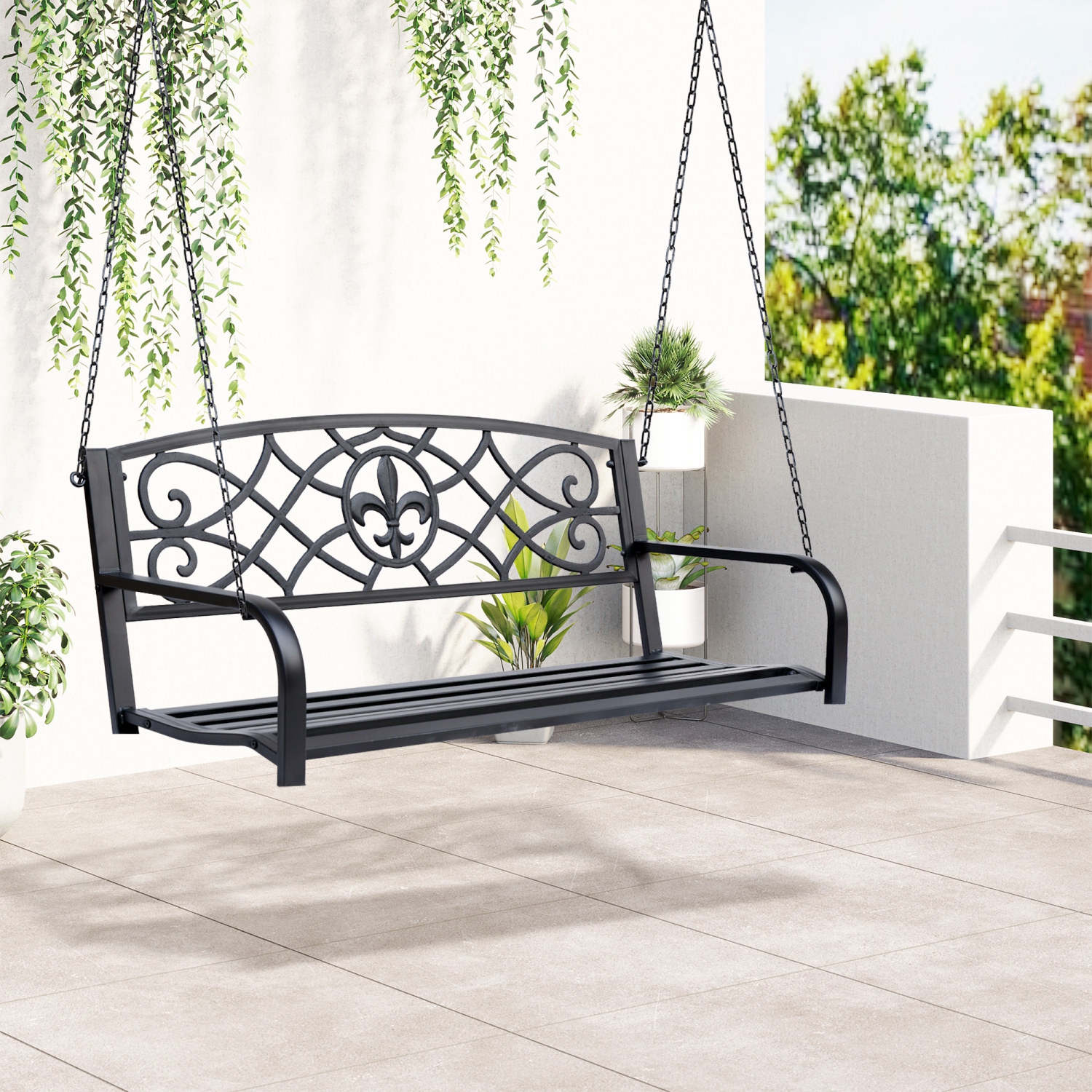 Outsunny Balançoire de porche en acier de 50 po Fleur de Lys Banc suspendue de jardin pour 2 personnes Siège de chaise planeur extérieur avec chaîne