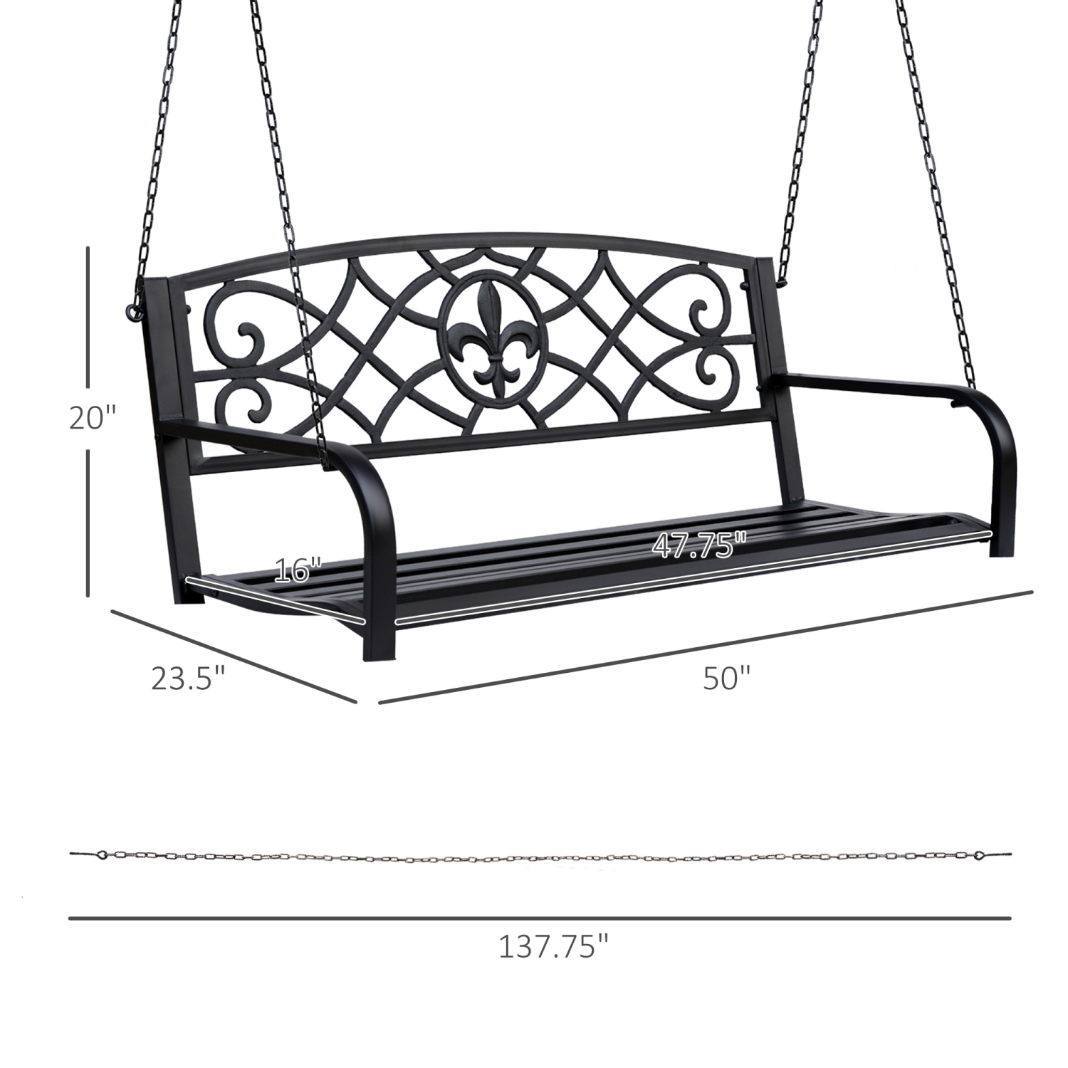 Outsunny Balançoire de porche en acier de 50 po Fleur de Lys Banc suspendue de jardin pour 2 personnes Siège de chaise planeur extérieur avec chaîne