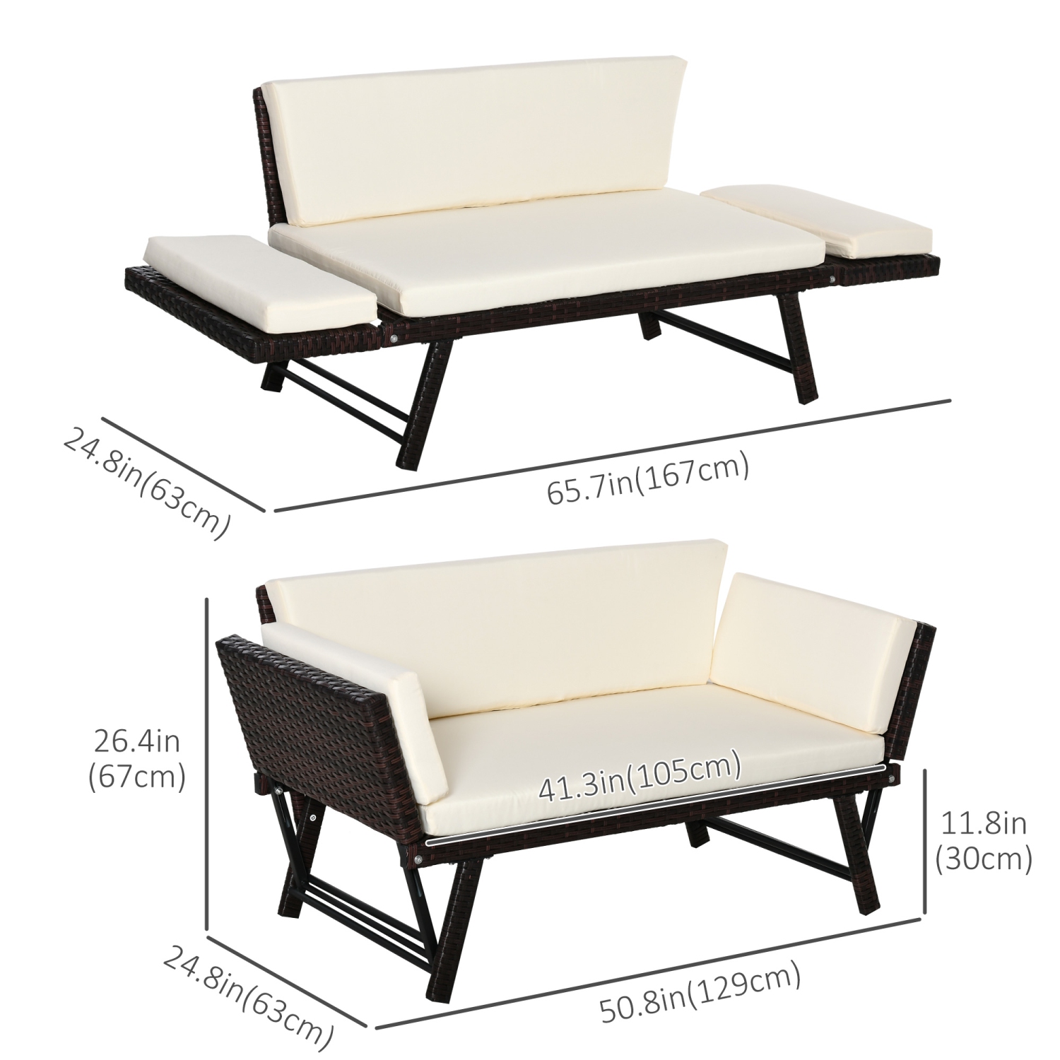 Meubles de patio en osier Outsunny avec coussin, canapé-lit convertible en rotin de polyéthylène pour l'extérieur avec fauteuil à accoudoirs