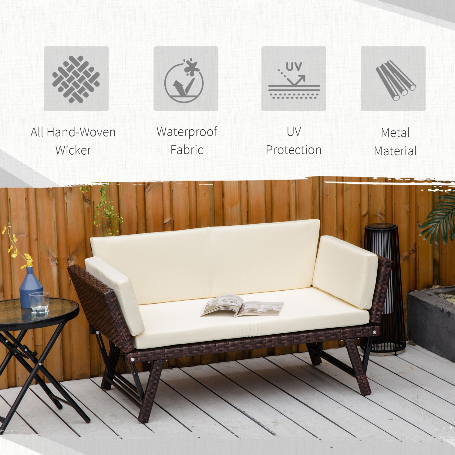 Meubles de patio en osier Outsunny avec coussin, canapé-lit convertible en rotin de polyéthylène pour l'extérieur avec fauteuil à accoudoirs