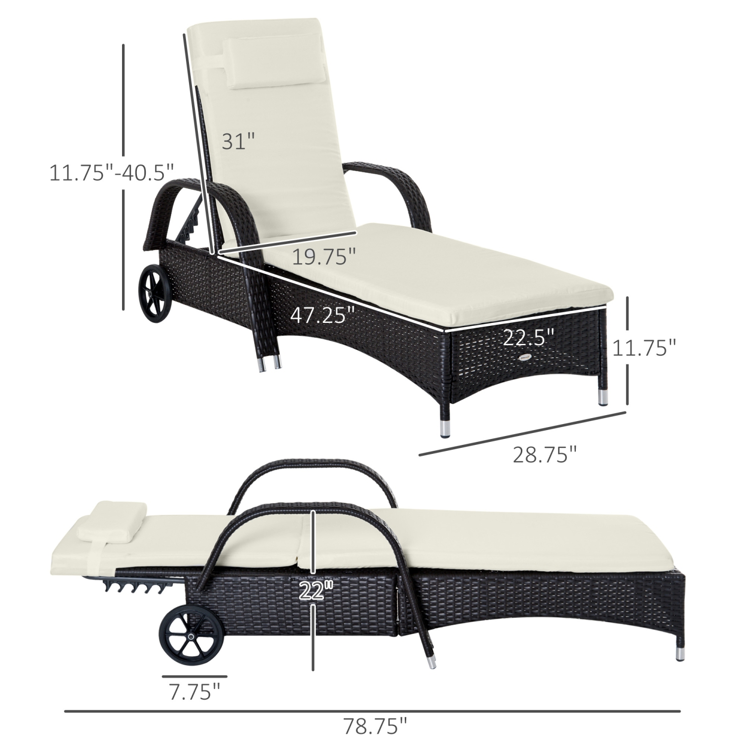 Chaise longue extérieure en osier ajustable avec chaise longue extérieure d’Outsunny - Café