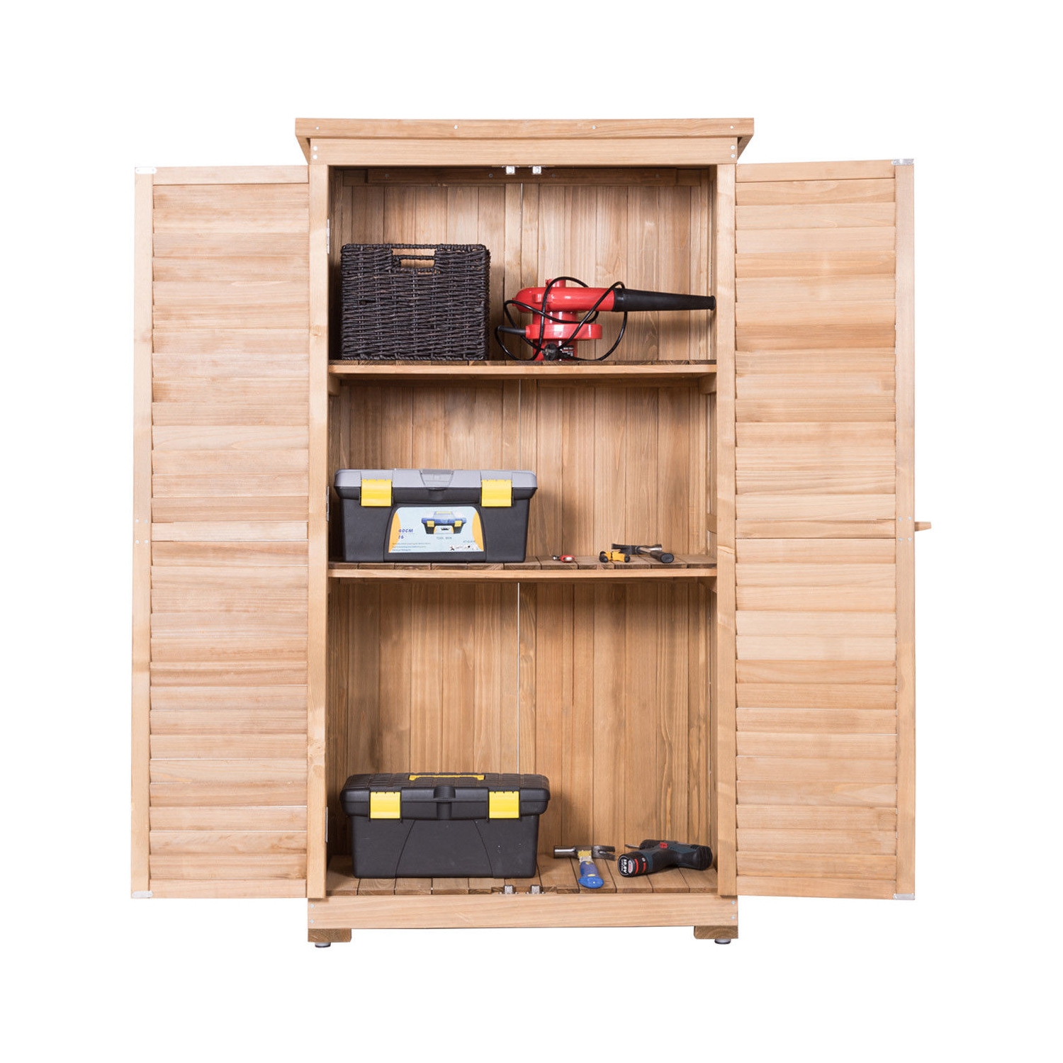 Gymax Outdoor 63'' Tall Wooden Garden Storage Shed Fir Wood Shutter Design Lockers