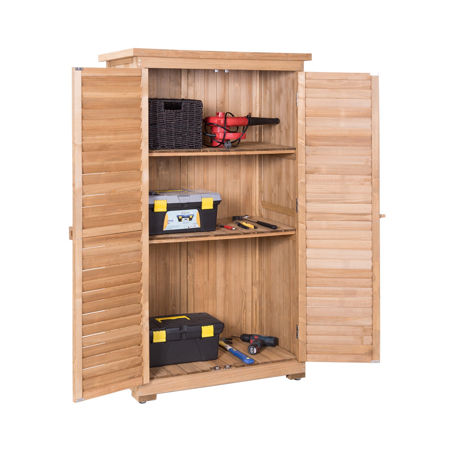 Gymax Outdoor 63'' Tall Wooden Garden Storage Shed Fir Wood Shutter Design Lockers