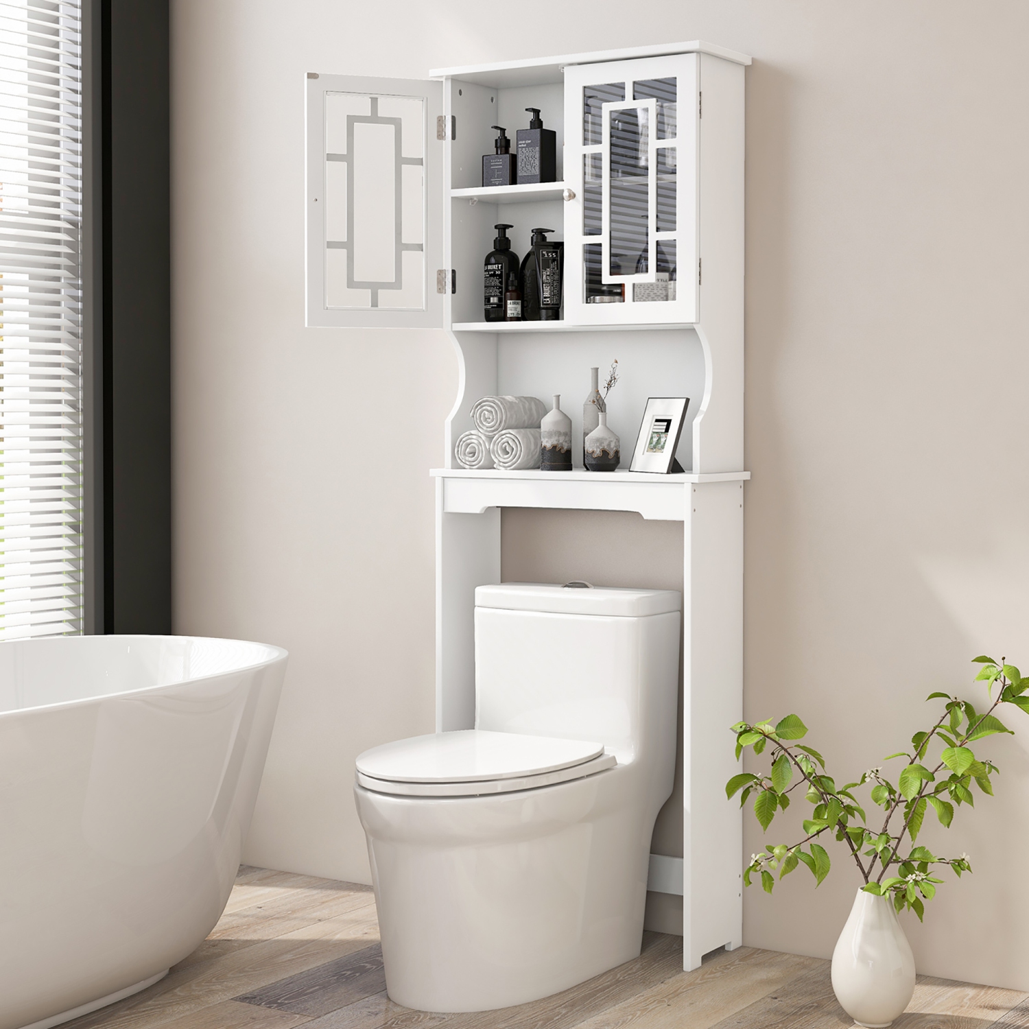 Gymax White Bathroom Over The Toilet Space Saver Storage Cabinet Organizer Shelf
