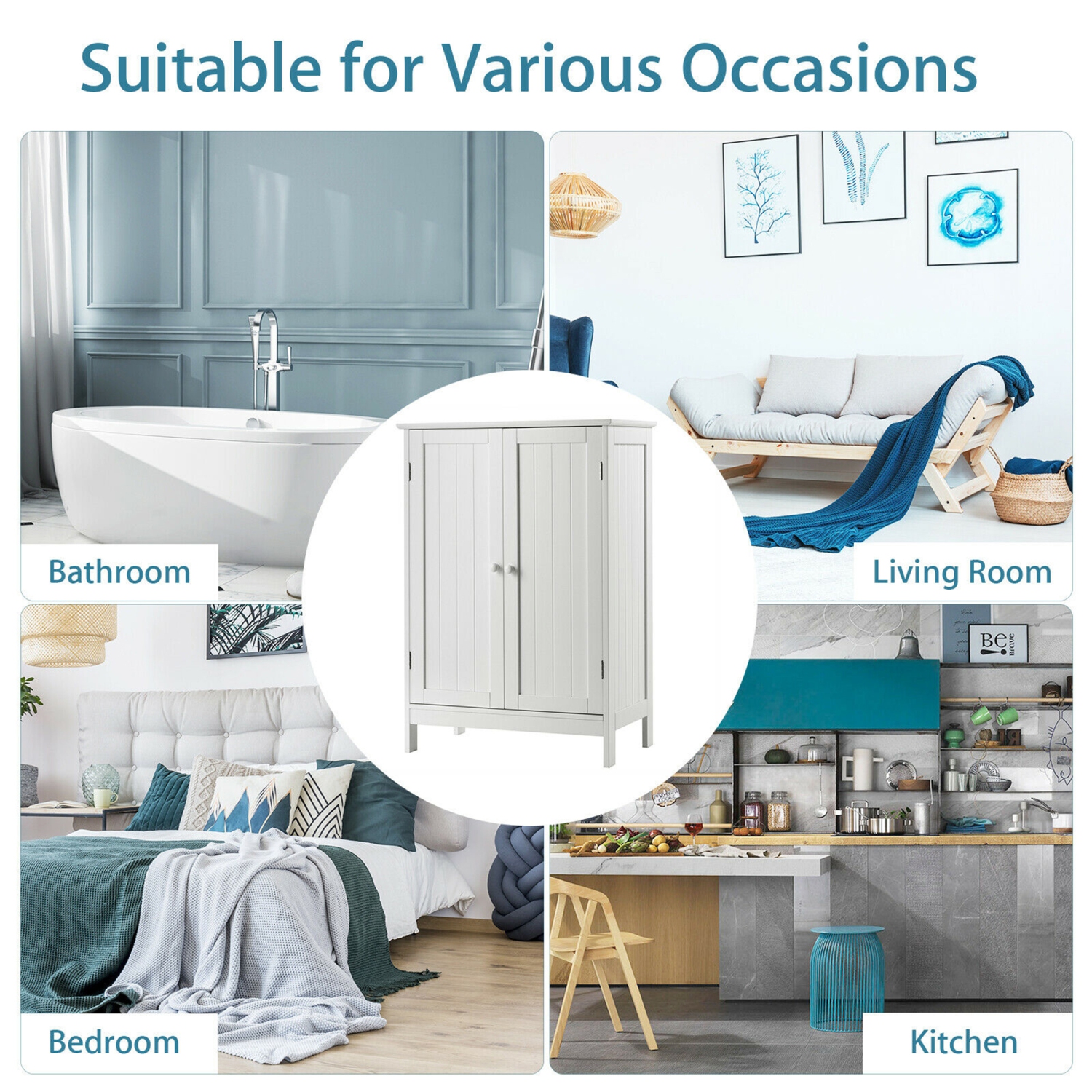 Gymax Bathroom Floor Storage Cabinet Double Door Kitchen Cupboard Shoe Cabinet White