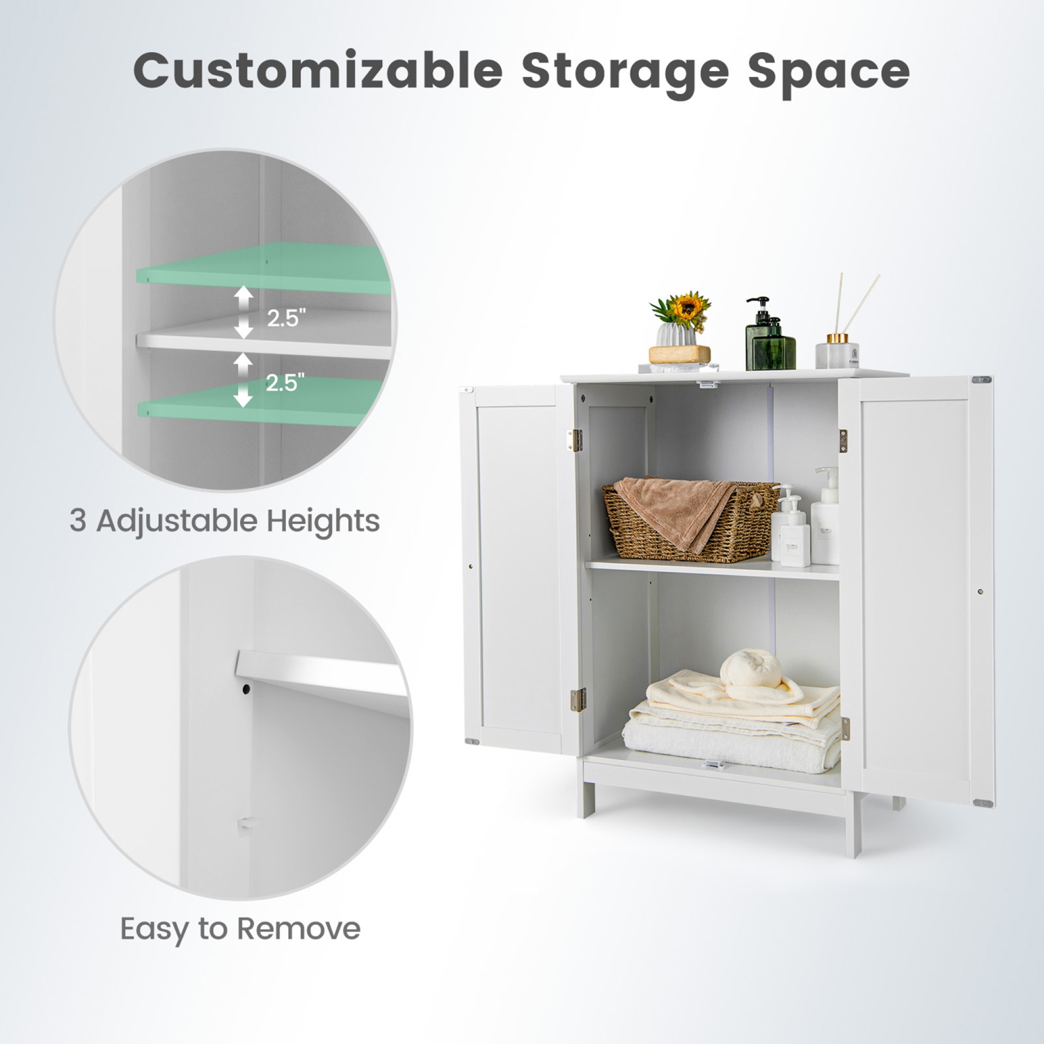 Gymax Bathroom Floor Storage Cabinet Double Door Kitchen Cupboard Shoe Cabinet White