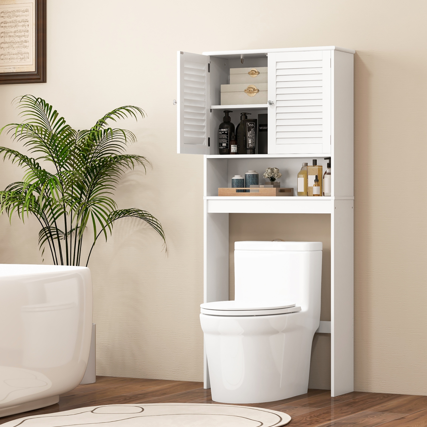 Gymax Over The Toilet Storage Cabinet Freestanding Above Toilet Cabinet w/ Double Doors
