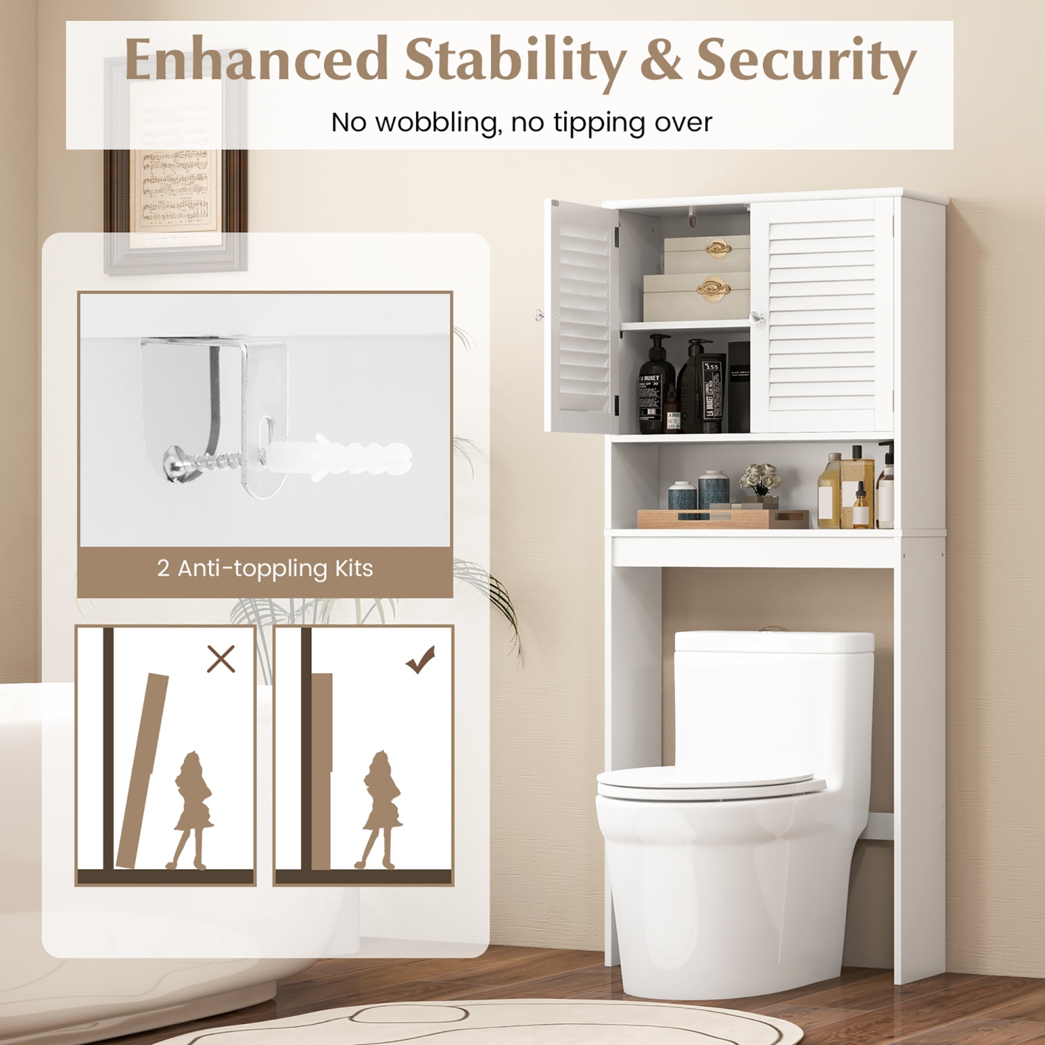 Gymax Over The Toilet Storage Cabinet Freestanding Above Toilet Cabinet w/ Double Doors