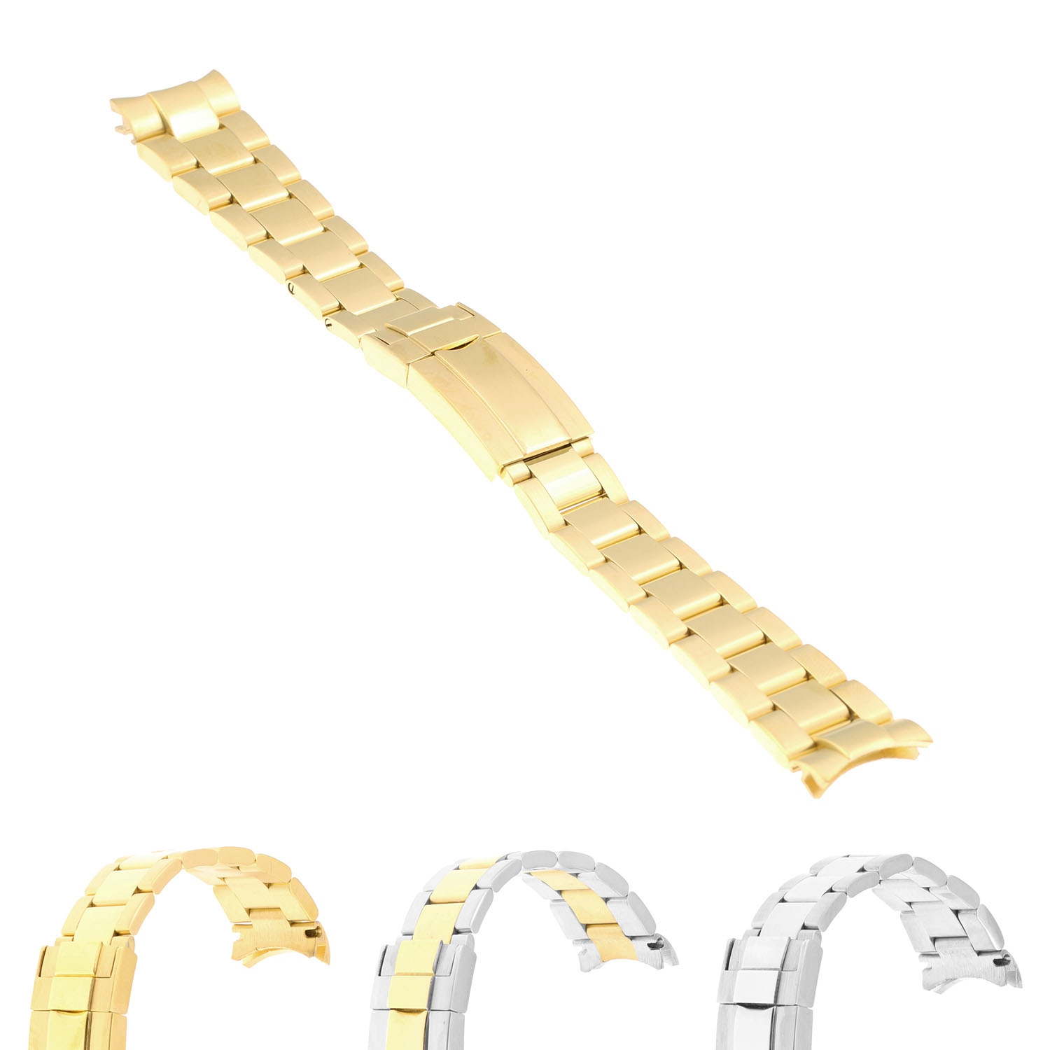 Bracelet en inox et bracelet huître StrapsCo avec extrémités incurvées pour Rolex - 20 mm - Or jaune