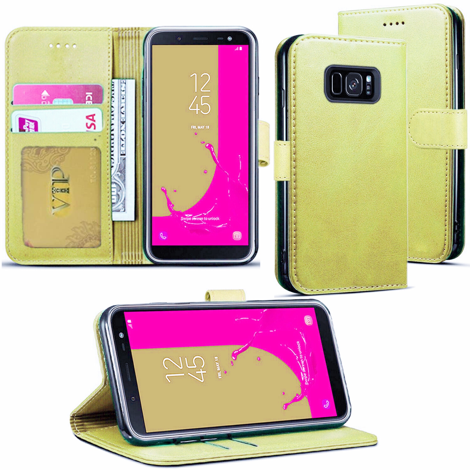【CSmart】 Magnetic Card Slot Leather Folio Wallet Flip Case Cover for Samsung Galaxy S6 Edge Plus, Gold