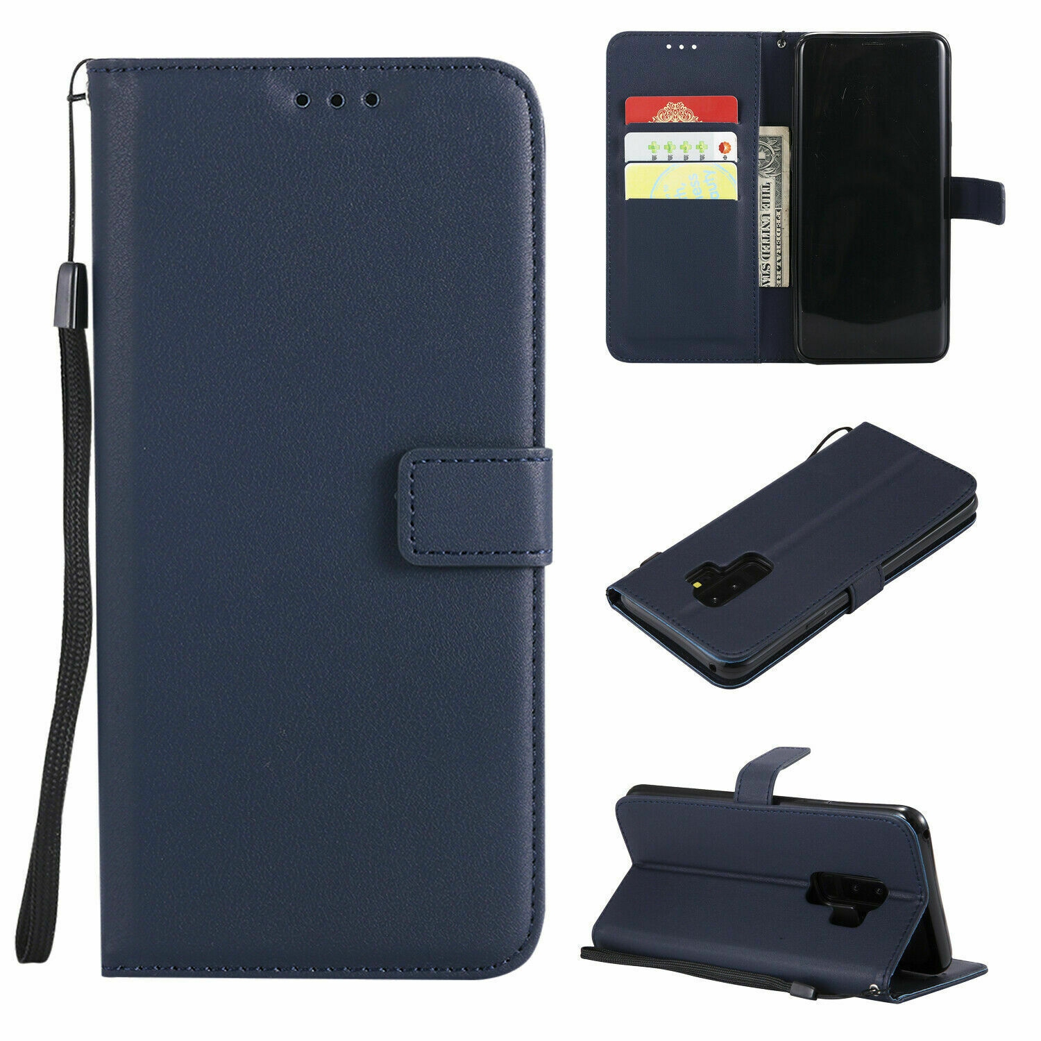 【CSmart】 Magnetic Card Slot Leather Folio Wallet Flip Case Cover for Samsung Galaxy S9 Plus, Navy
