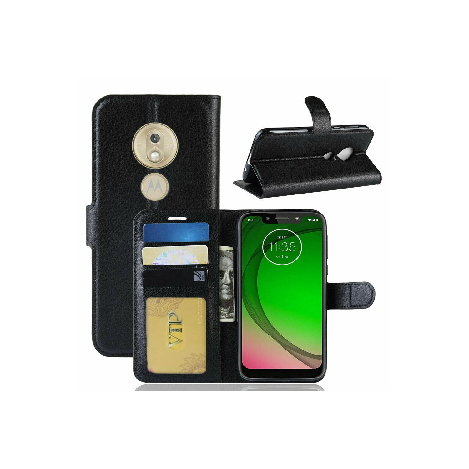 [CS] Motorola Moto G7 Case, Magnetic Leather Folio Wallet Flip Case Cover with Card Slot, Black