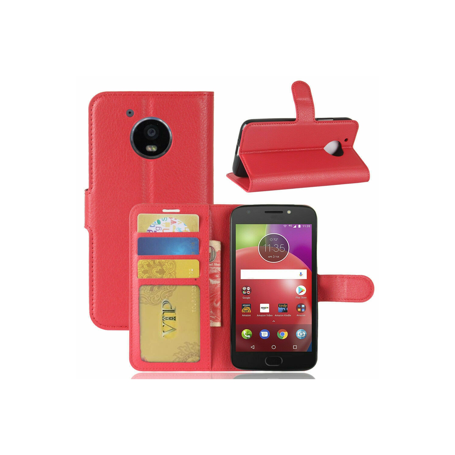 【CSmart】 Magnetic Card Slot Leather Folio Wallet Flip Case Cover for Motorola Moto E4, Red