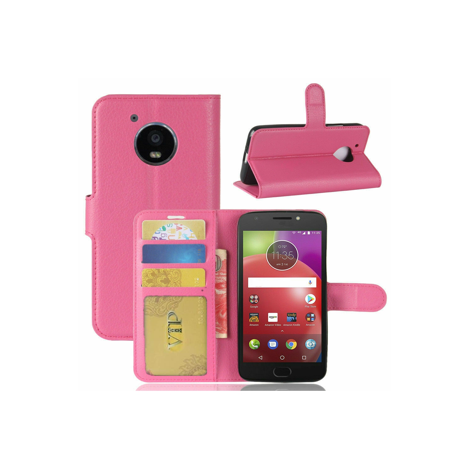 【CSmart】 Magnetic Card Slot Leather Folio Wallet Flip Case Cover for Motorola Moto E4, Hot Pink