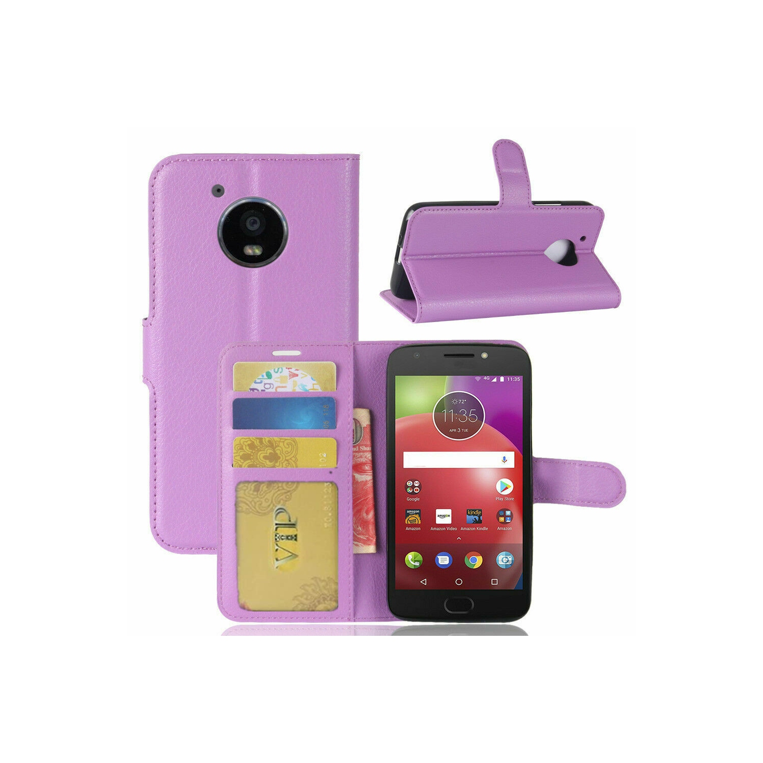 【CSmart】 Magnetic Card Slot Leather Folio Wallet Flip Case Cover for Motorola Moto E4, Purple