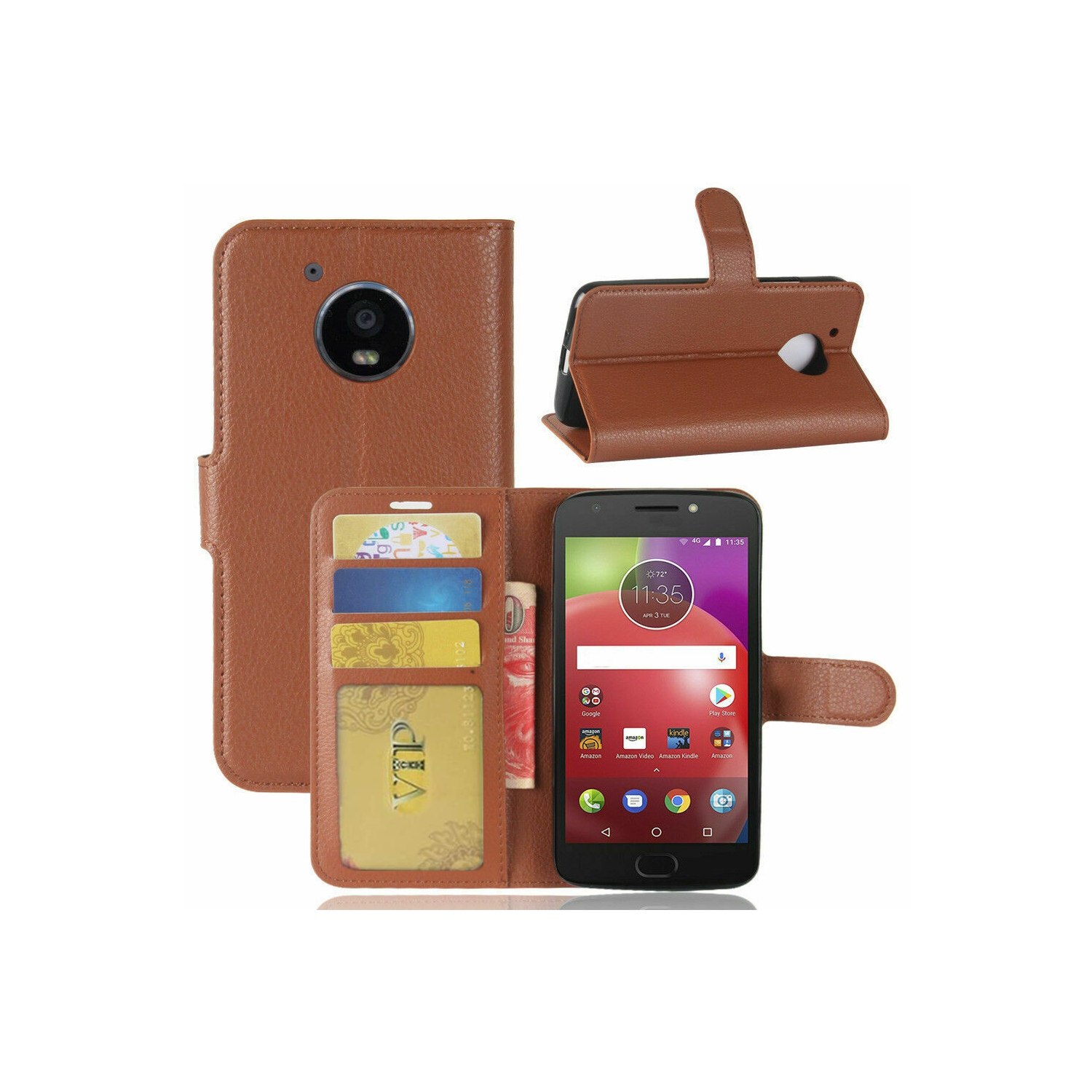【CSmart】 Magnetic Card Slot Leather Folio Wallet Flip Case Cover for Motorola Moto E4, Brown