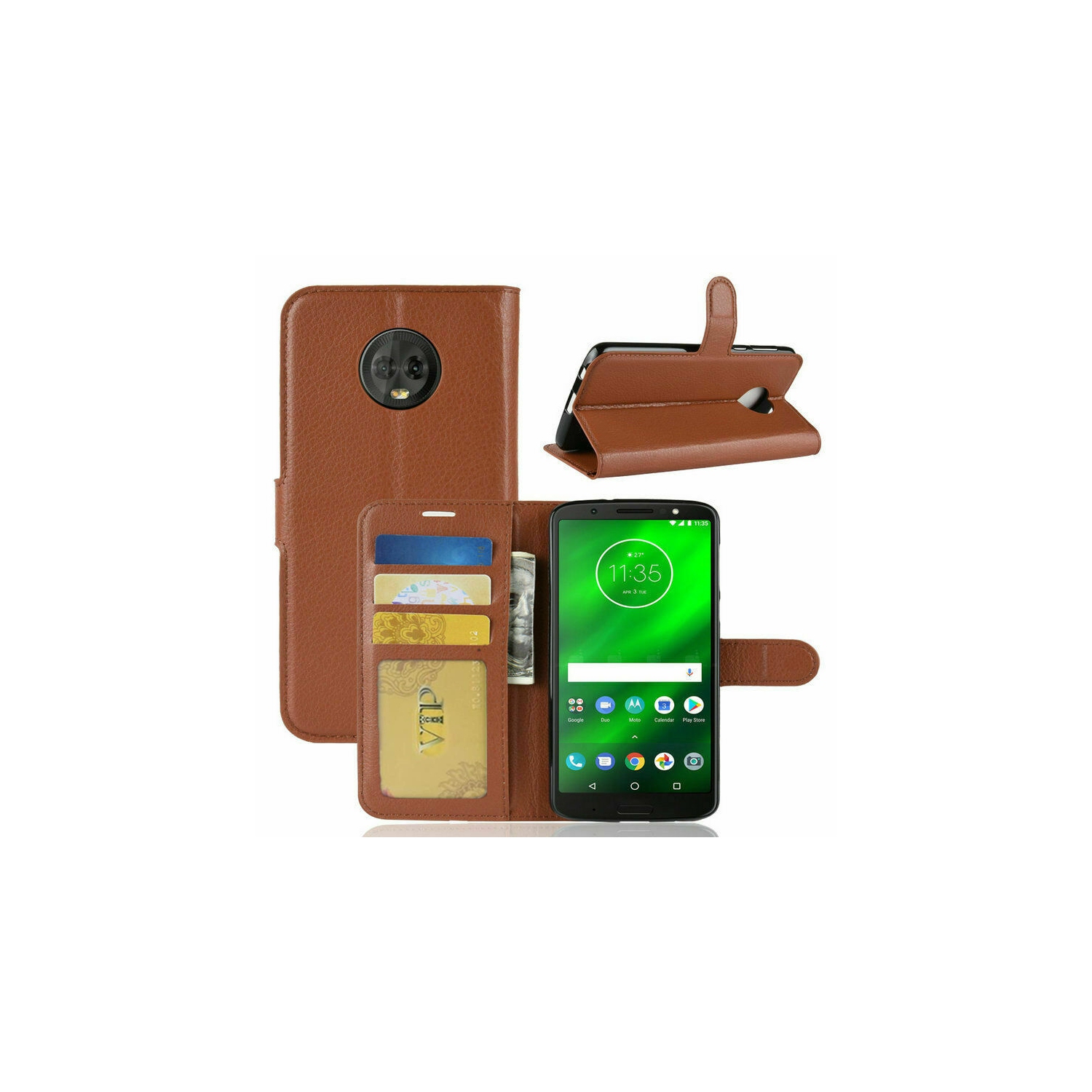 [CS] Motorola Moto G6 Case, Magnetic Leather Folio Wallet Flip Case Cover with Card Slot, Brown