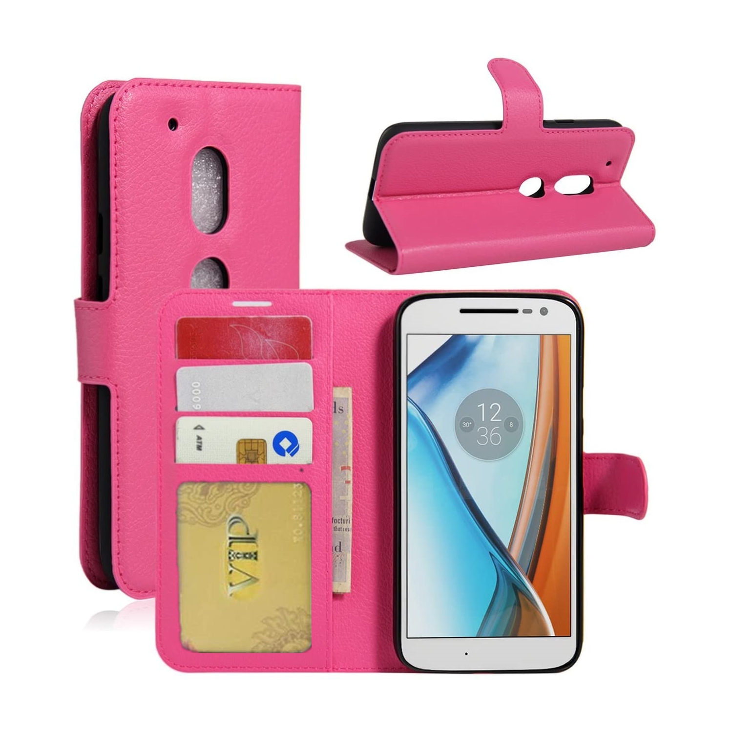 【CSmart】 Magnetic Card Slot Leather Folio Wallet Flip Case Cover for Motorola Moto G6 Play, Hot Pink