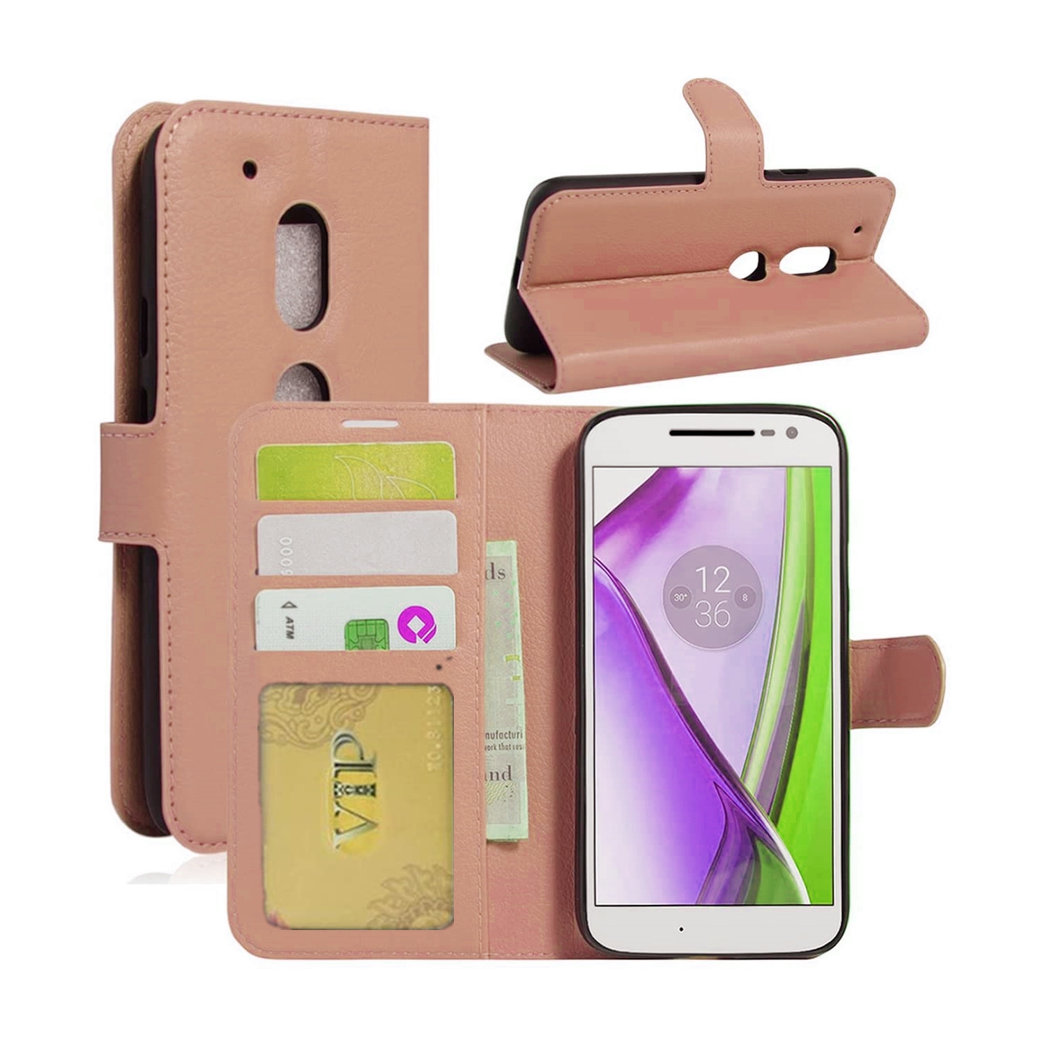 【CSmart】 Magnetic Card Slot Leather Folio Wallet Flip Case Cover for Motorola Moto G6 Play, Rose Gold