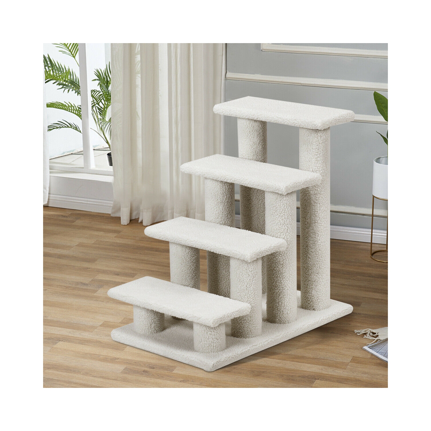 Gymax 24'' 4-Step Pet Stairs Carpeted Ladder Ramp 8 Scratching Post Cat Tree Climber