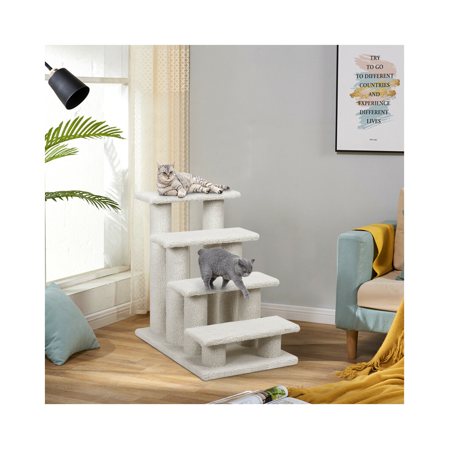 Gymax 24'' 4-Step Pet Stairs Carpeted Ladder Ramp 8 Scratching Post Cat Tree Climber