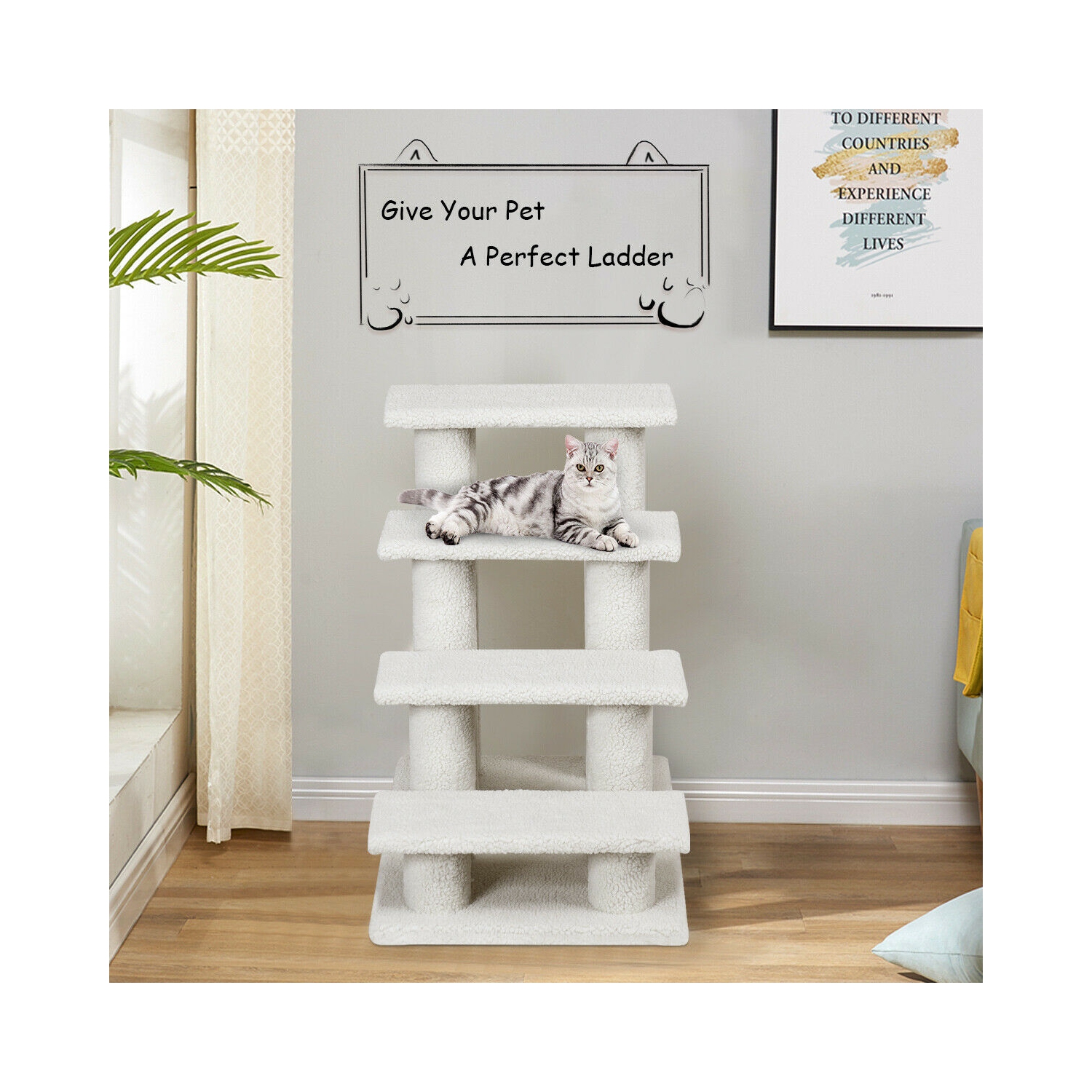 Gymax 24'' 4-Step Pet Stairs Carpeted Ladder Ramp 8 Scratching Post Cat Tree Climber
