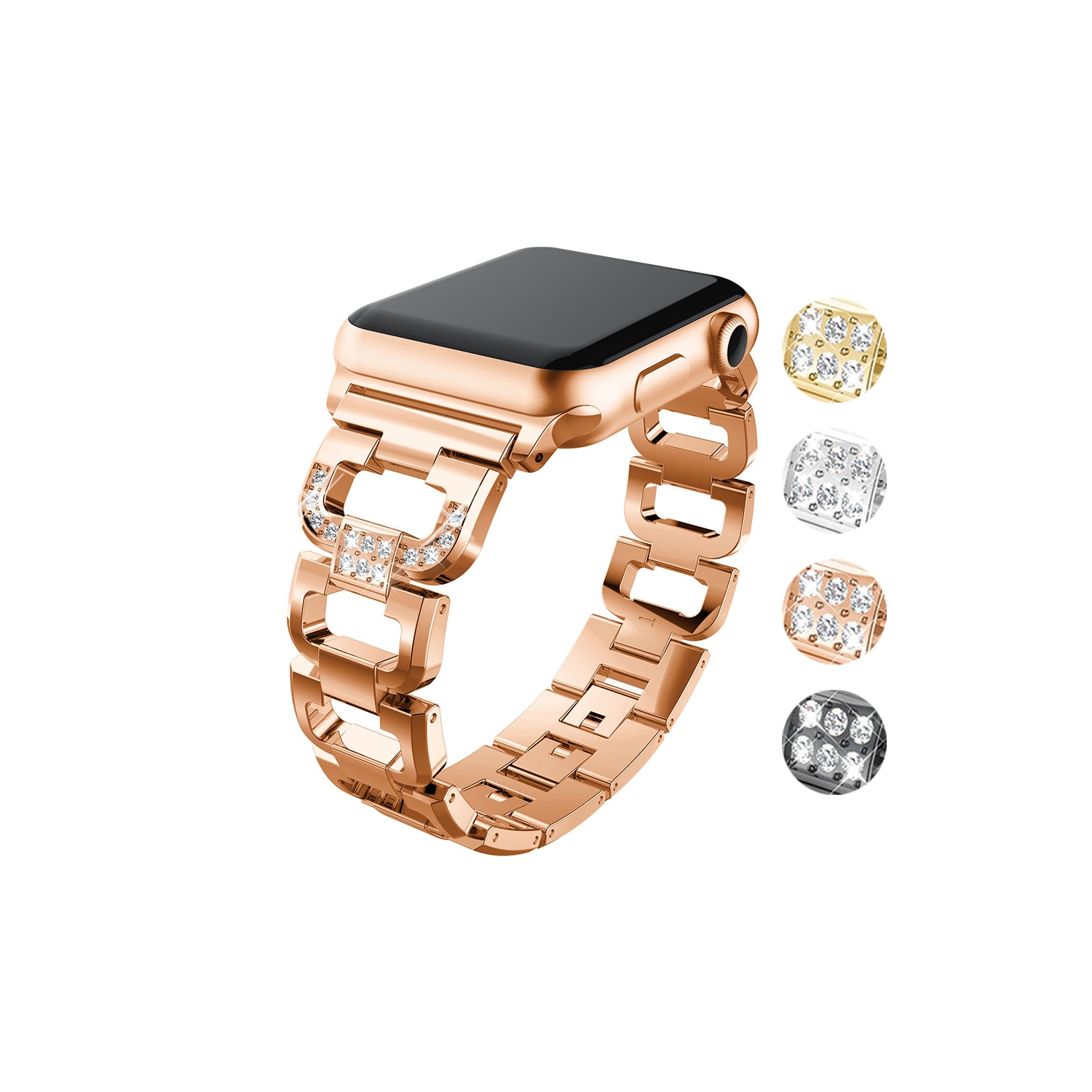 StrapsCo Alloy Metal Link Watch Bracelet Band Strap with Rhinestones for Apple Watch Series 1/2/3/4 - 44mm - Rose Gold