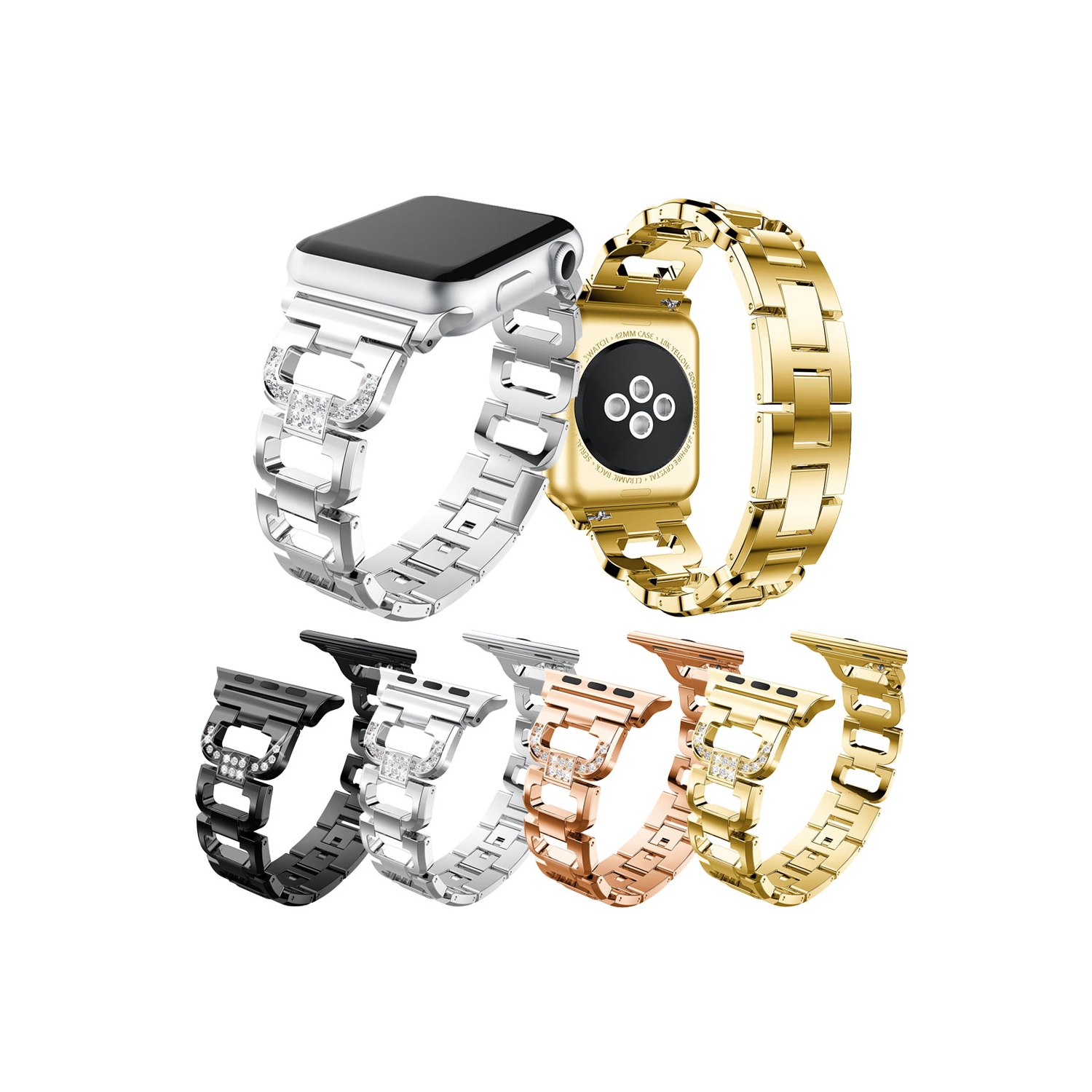 StrapsCo Alloy Metal Link Watch Bracelet Band Strap with Rhinestones for Apple Watch Series 1/2/3/4 - 44mm - Rose Gold