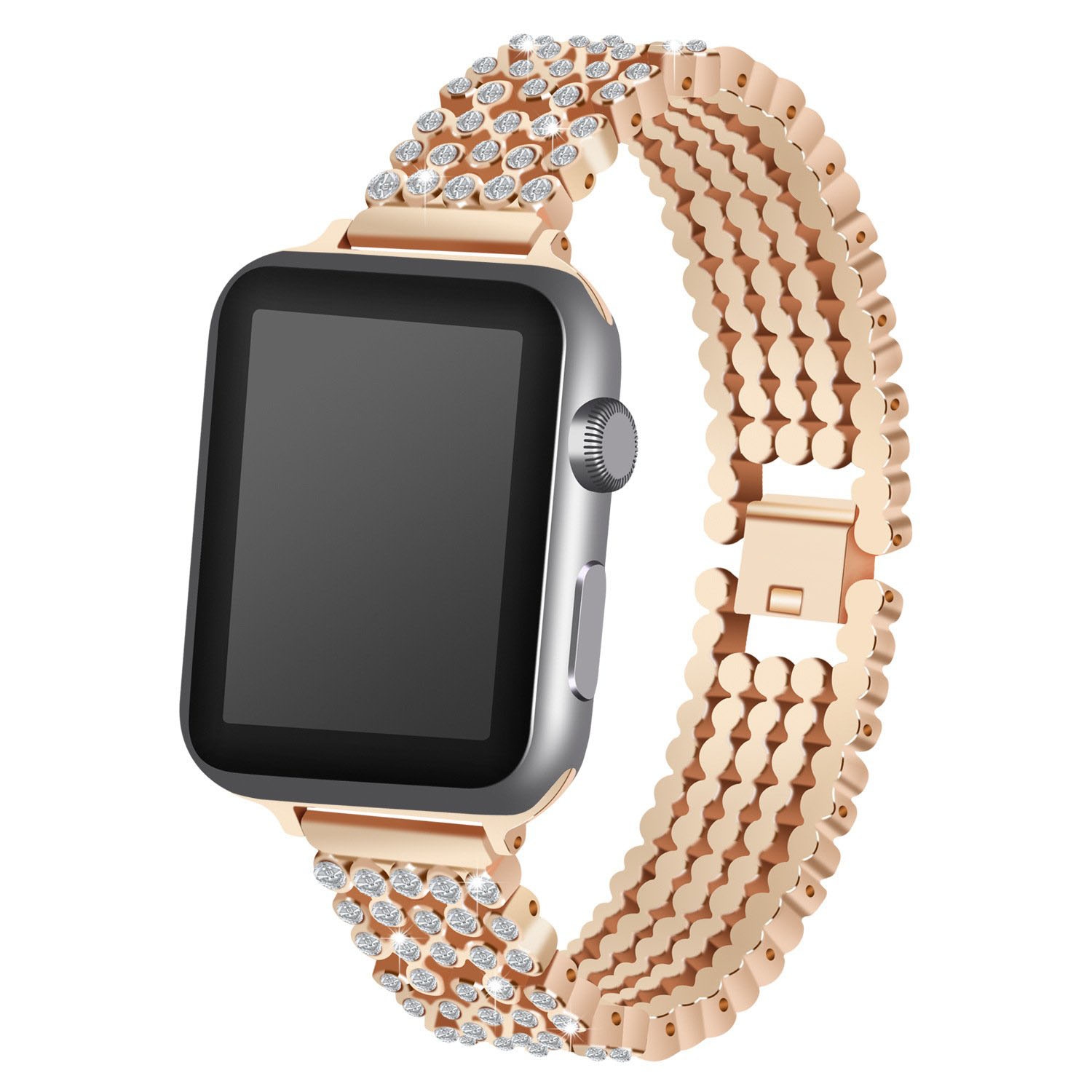 StrapsCo Bracelet de Montre en Chaîne en Alliage de Métal avec Pierres de Strass pour Apple Watch Séries 1/2/3/4 - 40mm - Or Rose