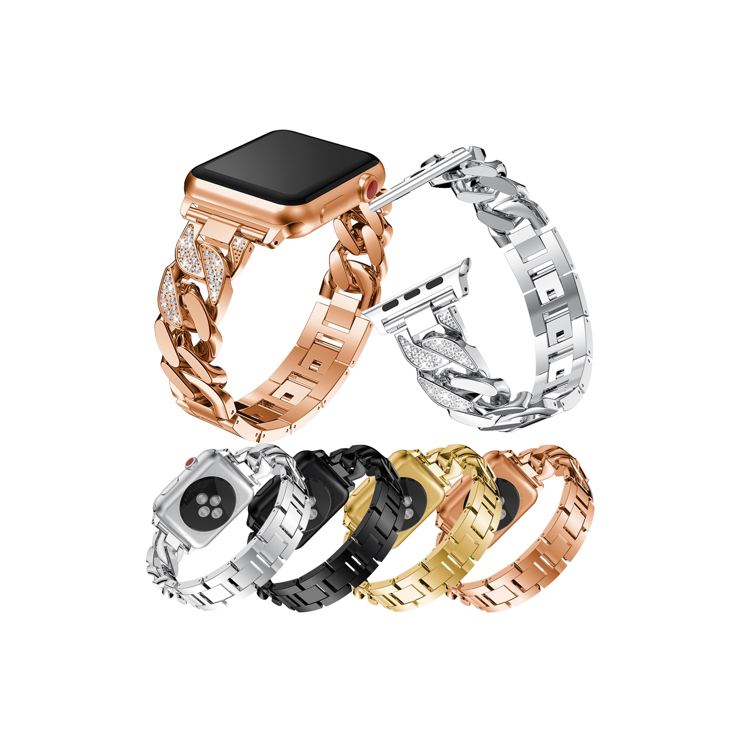 StrapsCo Alloy Metal Link Watch Bracelet Band with Rhinestones for Apple Watch Series 1/2/3/4 - 40mm - Silver