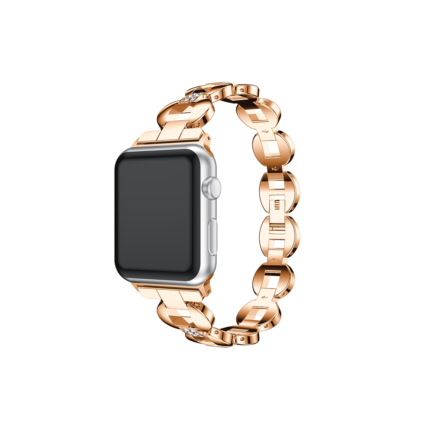 StrapsCo Alloy Metal Link Watch Bracelet Band with Rhinestones for Apple Watch Series 1/2/3/4 - 44mm - Rose Gold & White