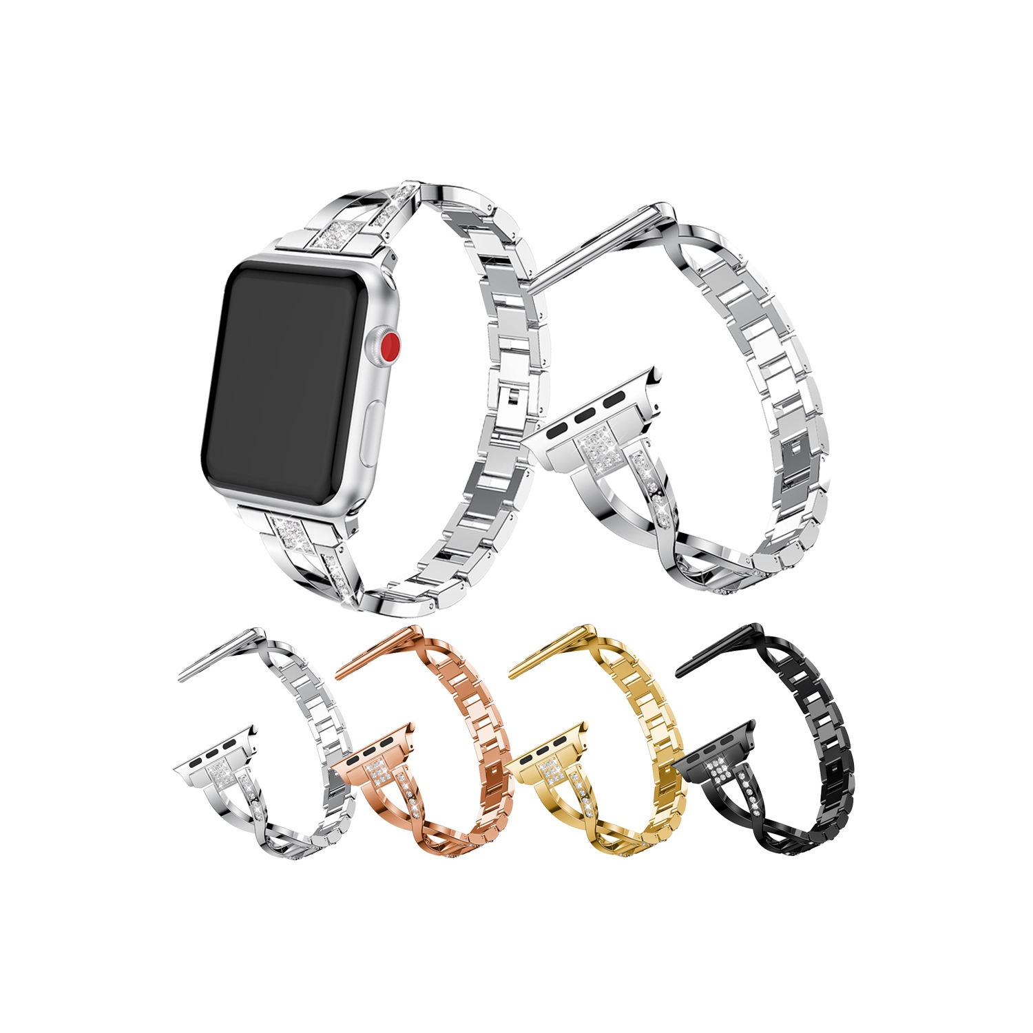StrapsCo Bracelet de Montre en Chaîne en Alliage de Métal avec Pierres de Strass pour Apple Watch Séries 1/2/3/4 - 40mm - Noir
