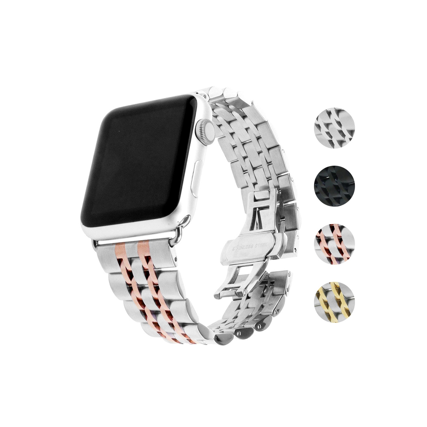 StrapsCo Bracelet de Montre en Chaîne en Acier Inoxydable pour Apple Watch Séries 1/2/3/4 - 44mm - Argent & Or Rose